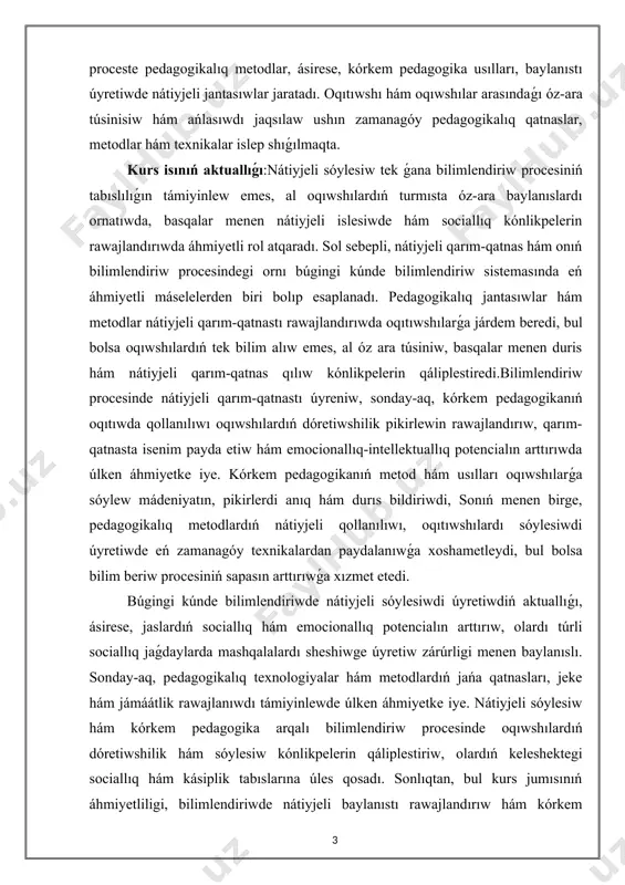 nátiyjeli qarım-qatnas hám onıń bilimlendiriw procesindegi ornı búgingi kúnde bilimlendiriw sistemasında eń áhmiyetli máselelerden biri bolıp esaplanadı. pedagogikalıq jantasıwlar hám metodlar nátiyjeli qarım-qatnastı rawajlandırıwda oqıtıwshılarǵa járdem beredi, bul bolsa oqıwshılardıń tek bilim alıw emes, al óz ara túsiniw, basqalar menen duris hám nátiyjeli qarım-qatnas qılıw kónlikpelerin qáliplestiredi.bilimlendiriw procesinde nátiyjeli qarım-qatnastı úyreniw, sonday-aq, kórkem pedagogikanıń oqıtıwda qollanılıwı oqıwshılardıń dóretiwshilik pikirlewin rawajlandırıw, qarım-qatnasta isenim payda etiw hám emocionallıq-intellektuallıq potencialın arttırıwda úlken áhmiyetke iye. kórkem pedagogikanıń metod hám usılları oqıwshılarǵa sóylew mádeniyatın, pikirlerdi anıq hám durıs bildiriwdi, sonıń menen birge, pedagogikalıq metodlardıń nátiyjeli qollanılıwı, oqıtıwshılardı sóylesiwdi úyretiwde eń zamanagóy texnikalardan paydalanıwǵa xoshametleydi, bul bolsa bilim beriw procesiniń sapasın arttırıwǵa xızmet etedi. búgingi kúnde bilimlendiriwde nátiyjeli sóylesiwdi úyretiwdiń aktuallıǵı, ásirese, jaslardıń sociallıq hám emocionallıq potencialın arttırıw, olardı túrli sociallıq jaǵdaylarda mashqalalardı sheshiwge úyretiw zárúrligi menen baylanıslı. sonday-aq, pedagogikalıq texnologiyalar hám metodlardıń jańa qatnasları, jeke hám jámáátlik rawajlanıwdı támiyinlewde úlken áhmiyetke iye. nátiyjeli sóylesiw hám …
