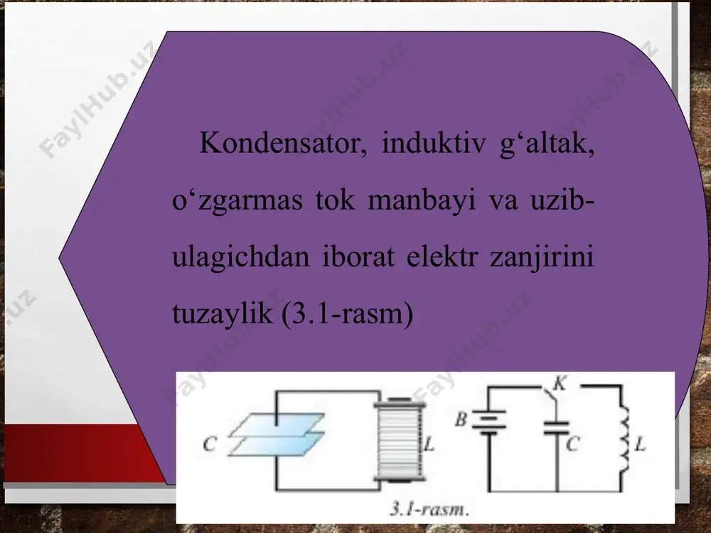 dagi elektr maydon energiyasiga aylanib turishi hodisasini 10-sinfda qaralgan prujinali mayatnikda cho‘zilgan prujina potensial energiyasining, yukning kinetik energiyasiga va aksincha aylanib turishiga qiyoslash mumkin. shunga ko‘ra, mexanik va elektr tebranishlarning parametrlari orasidagi o‘xshashlikni quyidagi jadvalda keltiramiz. ta’kidlash joizki, elektromagnit va mexanik tebranishlar turli tabiatga ega bo‘lsa-da, o‘xshash tenglamalar bilan ifodalanadi. e’tiboringiz uchun rahmat!