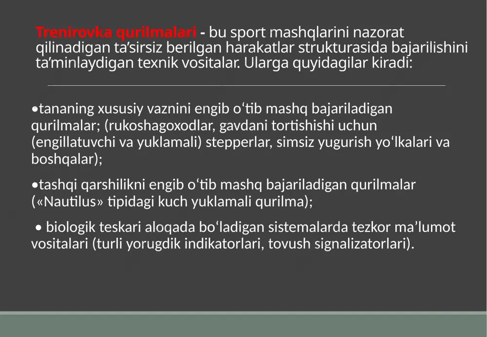 fikatsiyali)sprinterlarning sport natijaviyligini oshirish kerak va buning uchun harakatlanish malaka va ko‘nikmalari asosining ritmtezkorligini yugurish qadamining tempi va ritmini yugurish tezligini 5 - 6 % oshirib shakllantirgan holda o‘zgartirish lozim. echimning asosiy xususiyati shundan iboratki, yuguruvchining tayanch-harakatlantiruvchi apparati tomonidan bajariladigan tashqi ishni kamaytirish kerak. buning uchun «engillashtirilgan yetakchilik sistemasi» (ees) deb nomalangan trenajer yaratilgan. ma’lumki, uzunlikka sakrash v uchsakrashda sportchilarning mahorati maksimal tezlikda sakrash malakalari bilan aniqlanadi. shuning uchun, uzoqdan yugurib kelishlar bilan sakrashlar maksimal mushak kuchlarini namoyon bo‘lishiga va maksimal tezlikda sakrashning dinamik stereotipini 330 mustahkamlashga zamin yaratgan holda sakrovchining asab-mushak apparatiga ancha samarali ta’sir ko‘rsatadi. tajriba (eksperimental) trenirovka ishida to‘liq yugurib kelish bilan sakrash yugurib kelib sakrashlarning urnumiy hajmining 70 % gacha qismini tashkil etdi. sportchilar ta’kidlab o‘tishgan. s tayanch harakatlantiruvchi apparatga zarbali yuklamalar kattaligini kamaytirish tayanch bilan o‘zaro ta’sir qulayligini (komfortligini) oshiradi. shu bilan birga yanada faolroq depsinish uchun shart-sharoitlar yaratiladi va buning oqibati sifatida sakrovchilar ishlayotgan …