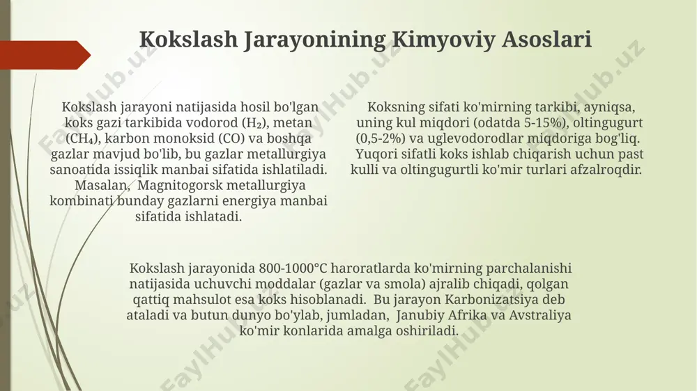 лоятида ишлаб чиқарилган кокс учун стандартларда белгиланган. коксдаги куйдирмалар миқдори (кул миқдори 8% дан кам бўлиши керак) ва фойдали қозишмалар миқдори (кўмирнинг турига қараб 85-95% гача) кокс сифатини белгилайдиган асосий омиллардан саналади. бу параметрлар анграб коксига нисбатан баҳоланади. gazsimon yoqilg'ilarning turlari kokslash gazlari, koks ishlab chiqarish jarayonida hosil bo'ladi va tarkibida vodorod, metan, uglerod oksidi kabi 50 dan ortiq komponentlar mavjud bo'lib, metallurgiya zavodlarida energiya manbai sifatida ishlatiladi. gazsimon yoqilg'ilarning asosiy turlaridan biri bo'lmish tabiiy gazning 90% dan ortig'i metandan iborat bo'lib, u dunyoning ko'plab mintaqalarida, jumladan, o'zbekiston va rossiyaning gaz konlarida keng tarqalgan. suyuqlangan gazlar, masalan, propan va butan, 20-30 daraja selsiyda suyuq holatda saqlanadi va transportda qulayligi tufayli 100 dan ortiq mamlakatda maishiy va sanoat ehtiyojlari uchun ishlatiladi. koksning asosiy xossalari va qo'llanilishi koksning yuqori darajadagi (90% dan ortiq) uglerod miqdori, 2000°c dan yuqori haroratlarda metallurgiya pechlarida ishlatilishi uni po'lat ishlab chiqarishda muhim qiladi. o'zbekistonning angren shahridagi koks …