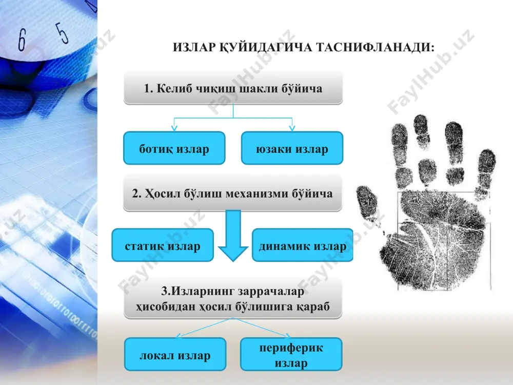лиш белгиларини ва уларнинг экспертиза ўтказишга яроқлилигини аниқлайди. 3.солиштириб текшириш босқичи. бу босқич эксперт текширувининг асосий ва муҳим босқичи ҳисобланиб, унда текширилаётган изларнинг ўхшашлик ва фарқ қилувчи белгилари аниқланади ва улар баҳоланади. 4. хулоса ёзиш ва уни баҳолаш. экспертиза текшируви қуйидаги босқичлардан иборат ҳозирги вақтда экспертларнинг ихтиёрида суд-трасологик экспертизани ўтказиш учун зарур бўлган барча илмий-техникавий воситалар ва усуллар мавжуддир. экспертизани ўтказишда бевосита кўз билан кузатиш, микроскопик, фотографик, профилографик методлар кенг қўлланилмоқда. трасологик объектларни текширишда ҳозирги вақтда электрон микроскоплар ва ҳисоблаш техникавий воситаларидан ҳам фойдаланилмоқда.