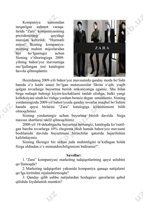alanish mumkin? keys: 3 “formen” muammoli vaziyat 2000-yillar boshida qurilish materiallar bozorida gipsdan yasalgan mahsulotlar tez va ko‘p sotila boshlandi. shunda ushbu mahsulotlarning 40 foiz bozorini egallagan yangiyo‘l qurilish- materiallar kombinati yangi savdo markasi va logotipni ishlab chiqishga qaror qabul qildi. o‘ylab muqobil variantlarni o‘rganib chiqilgandan so‘ng qurilish bosh kiyimini kiygan sher kallasida to‘xtaldi. birinchidan sher hayvonlar podshohi timsolini belgilasa, kompaniya mahsulotlari bozordagi eng nufuzli o‘rinni egallashi hamda boshqa abstrakt belgilarga nisbatan zamonaviy tusga ega bo‘lganligini ifoda etar edi. logotip ham xorijiy yo‘sinda hamda esda qoladigan qilib tanlandi. “formen” degan so‘zda to‘xtaldi, chunki “form” inglizcha so‘zdan shakl (forma), “for men” - “odamlar uchun” degan ma’noni berar edi. ushbu buyurtmani bajarilishi, ya’ni yangi savdo markasi va logotipning ishlab chiqilishi bir necha ming shartli birlikni tashkil etadi. gips mahsulotlarini ishlab chiqaradigan germaniya davlatining ishlab chiqarish liniyasi xarid qilinib, nafaqat mahalliy, balki toshkent shahriga yetarli bo‘ladigan qurilish materiallari yetkazish imkoniyatiga erishildi. ammo, ushbu …