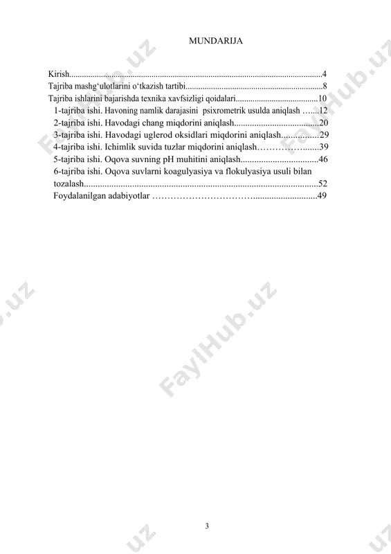 o'lchov asboblarning samaradorligini va muntazamligini oshirish, nazoratni qamrab olish ko'lamini oshirish orqali erishish mumkin; boshqaruvning texnik vositalarini va jarayonning o'zini avtomatlashtirish va optimallashtirish zarur. atrof-muhit monitoringi va nazorati vositalari kontaktli, kontaktsiz (masofaviy), biologik va boshqariladigan ko'rsatkichlarga, funksional (mahsuldorlik, moddalar aylanishi va boshqalar) va tarkibiy (fizik, kimyoviy yoki mutlaq yoki nisbiy qiymatlarga) va biologik parametrlarga (ifloslantiruvchi konsentratsiya, umumiy ifloslanish koeffitsienti va boshqalar) bo`linadi. ekologik monitoring quyidagi bosqichlarni o'z ichiga oladi: 1) namuna olish; 2) o'lchangan parametrni saqlash va uni tashish maqsadida namunani qayta ishlash; 3) namunani tahlil qilish uchun saqlash va tayyorlash; 4) nazorat qilinadigan parametrni o'lchash; 5) natijalarni qayta ishlash va saqlash. aholiga ekologik ta’lim va tarbiya berishning jahon hamjamiyati, jumladan, mamlakatimiz tomonidan e’tirof etilgan ustuvorligi butun dunyo bo`yicha global ekologik muammolarning paydo bo‘lishi va ularni hal etish zarurati bilan bog‘liq. shu munosabat bilan universitet talabalarida ekologik bilim va ekologik tafakkurni shakllantirishga tobora ko‘proq e’tibor qaratilmoqda. ekologiya kursi bo'lajak mutaxassisning …