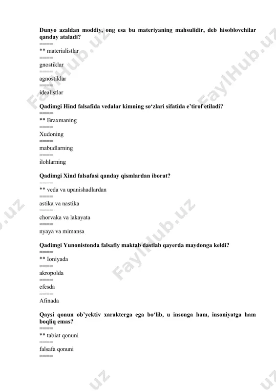 == ** x. volf ==== i.prigojin ==== m.xaydeger ==== xaken bizning muayyan narsalar haqidagi bilimlarimiz va e’tiqodlarimizning ishonchlilik darajasini o‘rganadigan yo‘nalish qanday ataladi? ==== ** epistemalogiya ==== germenevtika ==== sinergetika ==== gnoseologiya falsafiy dunyoqarash olamni nimalarga tayangan holda tushuntiradi? ==== ** aql va bilimga ==== e’tiqodga ==== tasavvurga ==== tuyg‘ularga yunonistonda antik falsafa qachon yuzaga kelgan? ==== ** miloddan avvalgi vii-vi asrlarda ==== miloddan avvalgi v asrlda ==== milodiy iii asrda ==== milodiy vii asrda inson tomonidan anglab yetilgan voqelik qonunlarining ongimizdagi in’ikosi nima hisoblanadi? ==== ** fan qonunlari ==== tabiat qonunlari ==== falsafa qonunlari ==== ilmiylik qonunlari gnoseologiyaning asosiy muammosi qanday? ==== ** bizning barcha bilimlarimiz tajribada sinalganmi degan masalani yechish ==== tabiatni o‘rganish ==== tushunishni o‘rgatish ==== tushuntirishni o‘rgatish yangi davr falsafasida faylasuflarni qiziqtirgan asosiy masala nima edi? ==== ** ontologiya va gnoseologiya ==== mifologiya va gerantalogiya ==== tanatalogiya va germenevtika ==== sinergetika va epistemalogiya falsafaning borliq haqidagi …