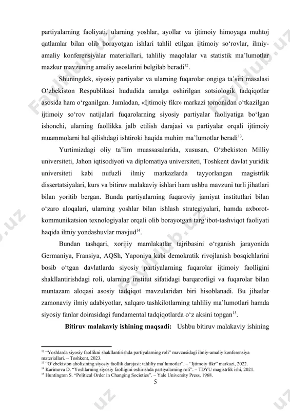 ootnoteref:11]. [11: dalton r. “the good citizen: how a younger generation is reshaping american politics”. – cq press, 2009.] shu bilan birga, o‘zbekiston siyosiy hayotidagi islohotlar, mavjud partiyalarning faoliyati, ularning yoshlar, ayollar va ijtimoiy himoyaga muhtoj qatlamlar bilan olib borayotgan ishlari tahlil etilgan ijtimoiy so‘rovlar, ilmiy-amaliy konferensiyalar materiallari, tahliliy maqolalar va statistik ma’lumotlar mazkur mavzuning amaliy asoslarini belgilab beradi[footnoteref:12]. [12: “yoshlarda siyosiy faollikni shakllantirishda partiyalarning roli” mavzusidagi ilmiy-amaliy konferensiya materiallari. – toshkent, 2023.] shuningdek, siyosiy partiyalar va ularning fuqarolar ongiga ta’siri masalasi o‘zbekiston respublikasi hududida amalga oshirilgan sotsiologik tadqiqotlar asosida ham o‘rganilgan. jumladan, «ijtimoiy fikr» markazi tomonidan o‘tkazilgan ijtimoiy so‘rov natijalari fuqarolarning siyosiy partiyalar faoliyatiga bo‘lgan ishonchi, ularning faollikka jalb etilish darajasi va partiyalar orqali ijtimoiy muammolarni hal qilishdagi ishtiroki haqida muhim ma’lumotlar beradi[footnoteref:13]. [13: “o‘zbekiston aholisining siyosiy faollik darajasi: tahliliy ma’lumotlar”. – “ijtimoiy fikr” markazi, 2022.] yurtimizdagi oliy ta’lim muassasalarida, xususan, o‘zbekiston milliy universiteti, jahon iqtisodiyoti va diplomatiya universiteti, …