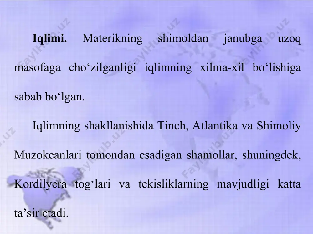 nadi. asosiy daryo va ko‘llari atlantika, shimoliy muz okeani va tinch okean havzasiga tegishli. materikning eng yirik daryosi missisipi (hindular tilida „katta daryo“)dir. missisipi daryosining o‘rta qismida o‘zidan uzun bo‘lgan missuri („loyqa daryo“) irmog‘i kelib quyiladi. missisiði deltasi har yili meksika qo‘ltig‘i tomon 100 m o‘sib boradi. daryo qor-yomg‘ir suvidan to‘yinadi. avliyo lavrentiy daryosi quyi oqimida uzun va keng estuariy (lot. daryoning suv bosgan quyi qismi) hosil qiladi. rio-grande daryosi kordilyera tog‘laridan boshlanib, meksika qo‘ltig‘iga quyiladi. materik ko‘llari, asosan, qadimgi muz hosil qilgan chuqurliklarda paydo bo‘lgan. beshta ko‘l, ya’ni yuqori, guron, michigan, eri, ontario ko‘llari buyuk ko‘llar deb ataladi. ular kattaligiga ko‘ra, shu tartibda bir-biriga kaskad bo‘lib tutashgan. faqat eri va ontario ko‘llari oralig‘ida millionlab sayyohlarni o‘ziga jalb qiladigan mashhur niagara sharsharasi (balandligi 48 m) bor. unga ges qurilgan. shimoliy muz okeaniga quyiladigan daryolardan eng yirigi makkenzi daryosidir. havzada eng yirik katta ayiq va vinnipeg ko‘llari joylashgan. tinch okean havzasidagi …
