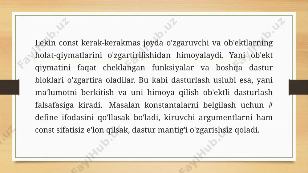 inishi mumkin. yuqoridagi parchada const pointer va const o'zgaruvchili kombinatsiyani ko'rib chiqdik. eng asosiysi, const pointer e'lon qilinganda initsalizatsiya bo'lishi shart. bu qonun boshqa tipdagi const o'zgaruvchilarga ham tegishli. ko'rib turganimizdek, *pi = 33; ifodasi bilan m ning qiymatini o'zgartirishga intilish bo'ldi. lekin bu hatodir. chunki biz pi pointeri ko'rsatib turgan hotira adresini o'zgarmas deb pi ning e'lonida birinchi const so'zi bilan belgilagan edik. lekin biz o'zgaruvchining haqiqiy nomi bilan - m bilan o'zgaruvchi qiymatini o'zgartira olamiz. albatta, agar m ham o'z navbatida const sifatiga ega bo'lmasa. yani hotira adresidagi qiymatga ikkita yetishish yo'li mavjud bo'lsa, bular o'zgaruvchining asl nomi - m, va pi pointeri, bulardan biri orqali ushbu qiymatni o'zgartirsa bo'ladi, boshqasi o'rqali esa bu amal ta'qiqlanadi. keyin, pi = &j; ifoda bilan esa pi ga yangi adres bermoqchi bo'ldik. lekin pointerimiz o'zgarmas bo'lgani uchun biz biz bu amalni bajara olmaymiz. pointerlar va const ifodasining birga qo'llanilishining to'rtinchi holiday …