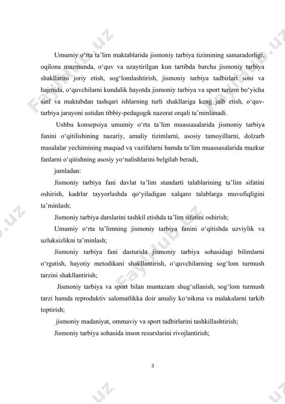 sohasida inson resurslarini rivojlantirish; jismoniy tarbiya fani bo‘yicha umumiy o‘rta ta’lim muassalari bitiruvchilariga qo‘yiladigan malaka talablarini amaliyotga tadbiq etish; jismoniy madaniyat, sog‘lom turmush tarzi ko‘nikmalarini shakllantirish; jismoniy tarbiya fanini o‘zlashtirishning muhim kutilayotgan natijalari ahloqiy ong va xulq-atvor, irodaviylik sifatlar, mehnatsevarlik, vatanga sadoqat, o‘z-o‘zini tarbiyalash qobiliyatini shakllantirish hamda estetik va ruhiy emotsional hissiyotlarni rivojlantirish; jismoniy tarbiya o‘quv fani uchun elektron uslubiy, multimedia resurslar ba’zasini yaratish; jismoniy tarbiya o‘quv fani bo‘yicha keng imkoniyatlarga ega ijtimoiylashuv va shaxsiy rivojlanishga qaratilgan shakl, vosita va usullardan foydalanish; jismoniy, aqliy, axloqiy, ma’naviy rivojlanishi, jismoniy takomillashishi uchun zarur bo‘lgan motorikani rivojlantirish; davlat ta’lim standartlarida belgilangan kompetensiyalarga asoslangan holda baholash mezonlarini joriy etish; umumiy o‘rta ta’lim maktablarida o‘quvchilarni milliy va umuminsoniy qadriyatlar asosida tarbiyalash; maqsadi va vazifalari mamlkatimizda jamiyatning ijtimoiy ehtiyojlariga va hozirgi davrda rivojlanishining istiqbolli vazifalariga muvofiq, umumiy o‘rta ta’lim sohasida jismoniy tarbiya tizimini zamonaviylashtirish (modernizatsiya qilish) asosida umumiy o‘rta ta’lim maktablarida ta’lim-tarbiya va sog‘lomlashtirish salohiyatini oshirish, …