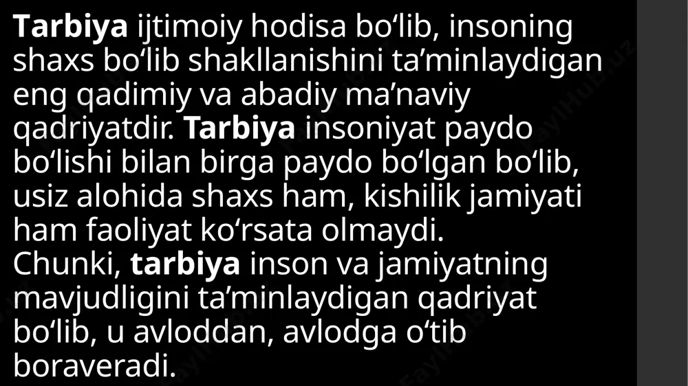 ilishi demakdir. ta’lim jarayonidan farqli ravishda, tarbiya jarayonini texnologiyalashtirishda mazkur jarayonning samarasini qisqa muddat oraligida koʻra olish imkoniyati yoʻq. tarbiya jarayonining oʻziga xos xususiyatlari, tarbiyalanuvchi va tarbiyachi oʻrtasida yuzaga kyelish ehtimoli boʻlgan ziddiyatlar tarbiyaviy jarayonni tyexnologiyalashtirishga nisbatan ijodiy va mas’uliyatli yondashish zarurligini taqozo etadi. umumiy oʻrta ta’lim muassasalarida tashkil etiluvchi tarbiyaviy tadbirlarga nisbatan tyexnologik yondashuv quyidagi holatlarning namoyon boʻlishi bilan tavsiflanadi tarbiyaviy tadbir mavzusi va gʻoyasini yoshlar tomonidan bildirilgan shaxsiy tashabbuslar, ularning xohish-istaklariga kura belgilash; tarbiyaviy tadbir senariysini ishlab chiqishda yoshlarning mustaqil faoliyat yuritishlari uchun shart-sharoitlarni yaratish; tarbiyaviy tadbir mazmunida oʻz ifodasini topgan rollarning majburiy tarzda emas, balki yoshlarning layoqati, qobiliyati, shuningdyek, qizikishlarini inobatga olish asosida taqsimlanishiga erishish; tarbiyaviy tadbirning tashkil etilishi va oʻtkazilishida oʻqituvchining roli buyruk berishdan iborat bulmay, aksincha, yoshlarga yoʻl-yurik koʻrsatish, ularning faoliyatini yoʻnaltirib turish hamda zarur o’rinlarda maslaxat byerish sifatida aks etishiga erishish; tarbiyaviy tadbir maqsadining natijalanganligini sinf, gurux yoshlarining faol ishtirokiga tayangan xolda muxokama qilish, …