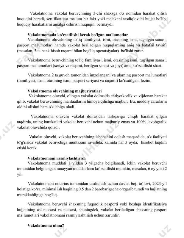 iyalar) bo'lishi zarur. vakolatnoma beruvchining to'liq familiyasi, ismi, otasining ismi, tug'ilgan sanasi, pasport ma'lumotlari (seriya va raqami, berilgan sanasi va joyi) aniq ko'rsatilishi shart. vakolatnoma 2 ta guvoh tomonidan imzolangani va ularning pasport ma'lumotlari (familiyasi, ismi, otasining ismi, pasport seriyasi va raqami) ko'rsatilgani lozim. vakolatnoma oluvchining majburiyatlari vakolatnoma oluvchi, olingan vakolat doirasida ehtiyotkorlik va vijdonan harakat qilib, vakolat beruvchining manfaatlarini himoya qilishga majbur. bu, moddiy zararlarni oldini olishni ham o'z ichiga oladi. vakolatnoma oluvchi vakolat doirasidan tashqariga chiqib harakat qilgan taqdirda, uning harakatlari vakolat beruvchi uchun majburiy emas va 100% javobgarlik vakolat oluvchida qoladi. vakolat oluvchi, vakolat beruvchining ishonchini oqlash maqsadida, o'z faoliyati to'g'risida vakolat beruvchiga muntazam ravishda, kamida har 3 oyda, hisobot taqdim etishi kerak. vakolatnomani rasmiylashtirish vakolatnoma muddati 1 yildan 3 yilgacha belgilanadi, lekin vakolat beruvchi tomonidan belgilangan muayyan muddat ham ko‘rsatilishi mumkin, masalan, 6 oy yoki 2 yil. vakolatnomani notarius tomonidan tasdiqlash uchun davlat boji to‘lovi, 2023-yil …