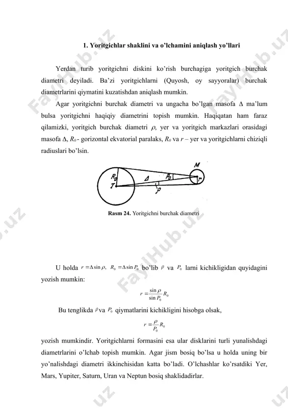 r (500 tasi ko’ringan) va juda ko’p meteroit jismlar kiradi. mukammal o’rganishlar natijasida bu jismlarning koinotdagi harakati uchun informasiyalar berilgan bo’lib, hozirgi paytda quyosh sistemasining aniq plani va tuzilishi ma’lumdir. ekliptika qutbidan qaraganda deyarli barcha sayyoralar quyosh atrofida soat strelkasi yunalishi bo’yicha aylanadi. ularning g’alayonlanmagan harakat orbitalari ekssentrisiteti kichik ellipslardan iboratdir. deyarli barcha sayyoralar o’z o’qi atrofida quyosh atrofida aylanish yo’nalishi bo’yicha aylanadi. sayyoralarning orbita​lari yotgan tekisliklar ekliptika tekisligiga ozgina og’madir. uran va veneragina o’z o’qi atrofida teskari yo’nalish bo’yicha aylanadi. sayyoralarning quyoshdan masofasi ma’lum qonuniyatga bo’ysinadi. sayyoralar quyoshdan uzoqlashgan sari orbitalari orasidagi masofa oshib boradi. quyoshdan eng uzoqdagi sayyora 39,4 a.b. masofada turadi. agar quyosh sistemasini o’lchamini 39,4 a.b. ga teng desak, u holda bu masofa eng yaqin yulduz proksima sentavrgacha bo’lgan masofadan 7000 marotiba kichik masofadir. sayyoralarning yo’ldoshlari xuddi sayyoralarni quyosh atrofida aylanishidek aylanadi. ko’pchilik yo’ldoshlar to’g’ri yo’nalish bo’ylab aylanadi. faqatgina 11 yo’ldosh teskari yo’nalish bo’yicha harakat kiladi, …