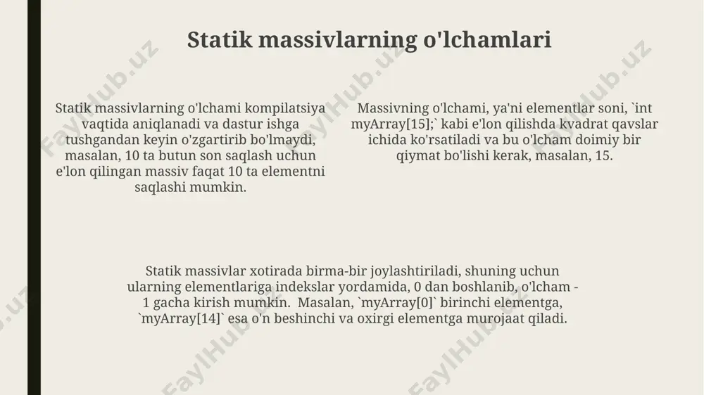 hisoblang. bu misol, real hayotdagi ma'lumotlarni saqlash va ular ustida amallar bajarishni ko'rsatadi. 5x5 o'lchamli ikki o'lchovli static massiv yarating va uni tasodifiy sonlar bilan to'ldiring. keyin, massivning har bir satrini alohida chiqaring. bu misolda ikki o'lchovli massivlar va tasodifiy sonlar generatsiyasi ko'rsatiladi. statik massivlarning afzalliklari statik massivlarning sodda tuzilishi va oldindan belgilangan hajmi tufayli, ularni ishlatish va tushunish osonroq, bu esa dasturchilar uchun vaqt va resurslarni tejashga yordam beradi, ayniqsa, kichik hajmdagi loyihalarda. statik massivlar oldindan aniqlangan o'lchamga ega bo'lgani sababli, ular dinamik massivlarga qaraganda kamroq xotira sarfini talab qiladi va xotira boshqaruvining murakkabligi kamayadi, ayniqsa, massiv hajmi oldindan ma'lum bo'lsa. statik massivlar elementlarga kirish tezligi jihatidan juda samarali, chunki ularning xotirada joylashuvi ketma-ket bo'lib, o(1) murakkablikka ega indekslash imkonini beradi, bu esa katta hajmdagi ma'lumotlar bilan ishlashda sezilarli afzallik yaratadi. e'tiboringiz uchun rahmat @taqdimot_robot