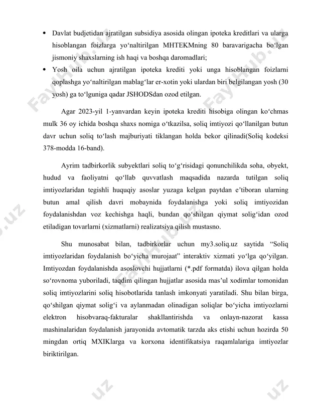 dan tegishli huquqiy asoslar yuzaga kelgan paytdan eʼtiboran ularning butun amal qilish davri mobaynida foydalanishga yoki soliq imtiyozidan foydalanishdan voz kechishga haqli, bundan qoʻshilgan qiymat soligʻidan ozod etiladigan tovarlarni (xizmatlarni) realizatsiya qilish mustasno. shu munosabat bilan, tadbirkorlar uchun my3.soliq.uz saytida “soliq imtiyozlaridan foydalanish boʻyicha murojaat” interaktiv xizmati yoʻlga qoʻyilgan. imtiyozdan foydalanishda asoslovchi hujjatlarni (*.pdf formatda) ilova qilgan holda soʻrovnoma yuboriladi, taqdim qilingan hujjatlar asosida masʼul xodimlar tomonidan soliq imtiyozlarini soliq hisobotlarida tanlash imkonyati yaratiladi. shu bilan birga, qoʻshilgan qiymat soligʻi va aylanmadan olinadigan soliqlar boʻyicha imtiyozlarni elektron hisobvaraq-fakturalar shakllantirishda va onlayn-nazorat kassa mashinalaridan foydalanish jarayonida avtomatik tarzda aks etishi uchun hozirda 50 mingdan ortiq mxiklarga va korxona identifikatsiya raqamlalariga imtiyozlar biriktirilgan. bu oʻz navbatida soliq imtiyozlaridan toʻgʻri foydalanish, soliq hisobotlarida toʻgʻridan-toʻgʻri aks ettirilib, tadbirkorlarga qulay sharoit yaratil uchun moʻljallangan. statistik maʼlumotlarga toʻhtaladigan boʻlsak, 2022-yilda soliq imtiyozlaridan foydalanish natijasida 72 trln soʻmlik mablagʻ 196 mingta yuridik shaxs ixtiyorida qolgan boʻlib, ushbu …