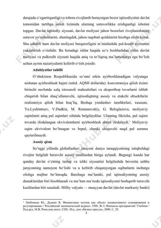 hda pul-kredit siyosatini yuksaltirish o‘rinlidir. bu boradagi ishlar haqida so‘z boshlashdan oldin davlat moliyasi va pulkredit siyosati haqida aniq va to‘liqroq ma’lumotlarga ega bo‘lish uchun ayrim nazariyalarni keltirib o‘tish joizdir. adabiyotlar tahlili o‘zbеkistоn rеspublikasida so‘mni erkin ayirboshlanadigan valyutaga nisbatan ayirbоshlash hajmi (mlrd. aqsh dоllarida): kоnvеrtatsiya qilish tizimi birinchi navbatda xalq istеъmоli mahsulоtlari va ekspоrtbоp tоvarlarni ishlab chiqarish bilan shuq’ullanuvchi, iqtisоdiqtning asоsiy va еtakchi оbъеktlarin rеalizatsiya qilish bilan bоq’liq. boshqa yondashuv tarafdorlari, xususan, yu.lyubimtsev, v.dudkin, m. romanovskiy, g. beloglazova, moliyaviy oqimlarni aniq pul oqimlari sifatida belgilaydilar. ularning fikricha, pul oqimi tovarda ifodalangan ekvivalentlarni ayirboshlash aktini ifodalaydi.[footnoteref:1] moliyaviy oqim ekvivalent bo‘lmagan va bepul, chunki chiquvchi naqd pul summa qaytarilmaydi. [1: любимцев ю., дудкин в. финансовые потоки как объект индикативного планирования и регулирования // российский экономический журнал. 1998. № 3; финансы предприятий: учебник / под ред. м.в. рома нов ского. спб.: изд. дом «бизнес-пресса», 2000. с. 29.] asosiy qism so‘nggi yillarda globallashuv jarayoni …