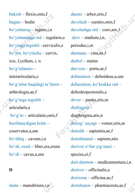 on – furazolidonum,i n furatsilin – furacilinum,i n g gardish – anulus,i,m gijja – helmins,ntis,f glitserin – glycerinum,i,n glukonat – gluconas,atis,m glukoza – glucosum,i,n gul – flos,floris,m gumbaz – fornix,icis,m go‘sht, go‘sht to‘qimasi – carno, carnis,f h hab dori – pilula,ae f havo – aer,aeris m hazm qilishga doir – digestorius,a,um hayot – vita,ae f havo bilan to‘lgan – pneumaticus,a,um hayot daraxti – arbor vitae halqa – anulus,i m halqasimon – anularis,e halqum – pharynx,yngis m halqumga oid – pharyngeus,a,um harakat – mobilis,e harakatlantiruvchi-motorius,a,um harakatlanmaydigan bo‘g‘im –synarthrosis,is f hid – odor,oris m hiqildoq – larynx,yngis m hiqildoqqa oid – laryngeus,a,um hiqildoqning yallig‘lanishi –laryngitis,idis f hidlov – olfactio,onis f hidlovchi – olfactorius,a,um hujayra – cella,ae f ; cytus,i m hujayracha – cellula,ae f hujayra haqidagi ta’limot- cytologia,ae i ijobiy – positivus,a,um izogenli – isogenus,a,um ikki boshli – biceps, bicipitis ikki boshli muskulga oid – bicipitalis ikkinchi – secundus,a,um ikki – duo,duae,duo …