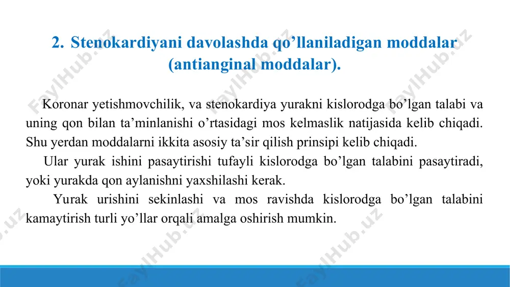 bo’lgan xususiyat hisoblanadi. 3. antianginal moddalar guruhining tasniflanishi. keltirilgan prinstipga ko’ra antianginal moddalar guruhining tasniflanishi quyidagicha asoslangan miokardni kislorodga bo’lgan ehtiyojini kamaytiruvchi moddalar miokardga kislorod yetib borishini oshiruvchi moddalar organik nitratlar: nitroglisterin, sustak, trinitrolong, erinit, nigrosorbid, ieosorbida mononitrat. l-turdagi kalstiy kanallarini falajlovchi moddalar: verapamil, diltiazem, nifedipin. kaliy kanallarini faollashtiruvchi moddalar: nikorandil turli xil moddalar: amiodaron. v-adrenoblokatorlar moddalar toj tomirlarni kengaytiruvchi moddalar anaprilin miotrop ta’sirga ega bo'lgan moddalar talinolol dipiridamol atenolol bradikardiyada qo’llaniluvchi moddalar rreflektor ta’sir qiluvchi moddalar ivabradin koronarospazmni bartaraf qiluvchi moddalar alinidin validol falipamil shuni e’tiborga olish kerakki, stenokardiyani farmakoterapiyasi kompleks xarakterga ega. shuning uchun ko’rsatilgan antianginal preparatlardan tashqari, turli xil ta’sir qilish yo’nalishiga ega bo’lgan moddalar ham qo’llaniladi. bu patologiyalarda quyidagi dori moddalari guruhidan foydalaniladi. • miokardni kislorodga bo’lgan talabi bilan kislorodni etkazib berilishi o’rtasidagi balansni buzilganligini meyorlashtiruvchi moddalar; • kardioprotektor moddalar; • tromb xosil bo’lishiga to’skinlik qiluvchi moddalar; • gipolipidemik moddalar; • psixotrop moddalar. 4. miokardni kislorodga …