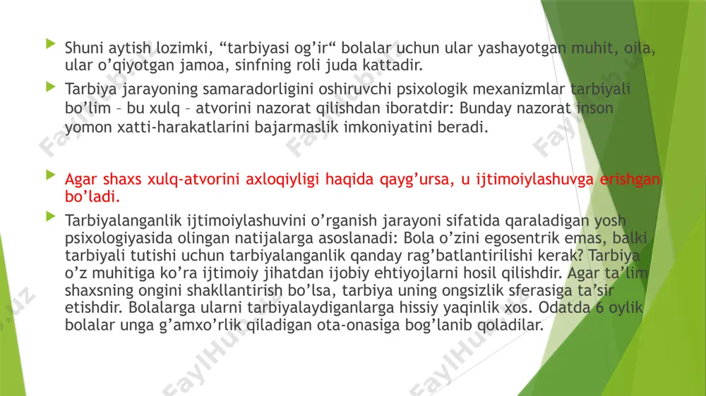 shib ketadi, qabuldagi aniq bir tavfsiya, yo’l-yo’riqlar kutadilar. vaholanki bu maslaxatlar ko’p narsa bermaydi. faqat ota-onalarning o’zlari vujudga kelgan vaziyatni tahlil qilishlari va aynan shu oilada, aynan shu bolaga nisbatan qanday yo’l tutish zarurligini va mumkinligini belgilashlari mumkin. mumkin bo’lgan ko’pgina variantlar orasidan to’g’risini tanlashda ota-onalarga psixologning ham, tajribali pedagogning ham maslahatlari yordam berishi mumkin. “tarbiyasi og’ir” bolalar jamiyatning axloqiy normalari va talablariga mos kelmaydigan axloqni ilmiy pedagogik adabiyotda umuman tarbiya asotsial axloq atamasi bilan belgilash qabul qilingan. bolalarning normadan chetga chiqqan xatti-harakatlaridan farqli o’laroq asotsial axloq ijtimoiy jihatdan determinizmlashgan, salbiy mikromuhitning ta’siri, oiladagi nonarmal o’zaro munosabatlar, oila va maktab tarbiyasidagi kamchiliklar, xatolar natijasida yuzaga keladi. psixologiya fani shuni ko’rsatadiki, asotsial axloq faktlarning mazmun-mohiyati tarkibi ham tug’ma mexanizmlar bilan belgilanmaydi. “qiyin” yoyinki “tarbiyasi og’ir” bolalar esa pedagogik jihatdan qarovsiz qoldirilgan bolalardir. ular shaxsning axloqiy jihatdan o’zgarishini- pedagogik xatolar oqibatidir. shaxsni kuzatish talab etiladigan keng doiradagi bolalar “qiyin” bola atamasi bilan …