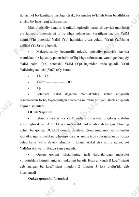 k, inflatsiyaning qaysi turi mavjudligiga qarab fillips egri chizig`idagi inflatsiya va ishsizlik darajalarining kombinatsiyasi farq qilishi mumkin. bunday tanlov kutilayotgan inflatsiyaning sur‘atiga bog`liq. kutilayotgan inflatsiya darajasi qanchalik yuqori bo`lsa ishsizlikning har qanday darajasida (sur‘ati past bo`lgan inflatsiya darajasiga nisbatan) haqiqiy inflatsiya darajasi yuqori bo`ladi. ishsizlik darajasi va inflatsiya sur‘atining maqbul miqdorlari quyidagi formula ko`rinishida tasvirlanishi mumkin: yh – yp · π = πkut + f ( ------------- ) + ε · yp · bu yerda π - inflatsiyaning haqiqiy darajasi; πkut- inflatsiyaning kutilayotgan darajasi; yh – yp f ( ------------- ) - talab inflatsiyasi; yp · yh – yp f ( ------------- ) - talab inflatsiyasi; yp · f - fillips egri chizig`ining og`ish burchagini belgilovchi empirik koeffitsent; ε - tashqi baho shoki ( taklif inflatsiyasi). · ouken qonuniga ko`ra yaimning uzilishi, ya‘ni (yh – yp) / yp miqdor davriy ishsizlikning o`zgarishiga bog`liqligi sababli qisqa muddatli fillips egri chizig`ini tenglamasini …
