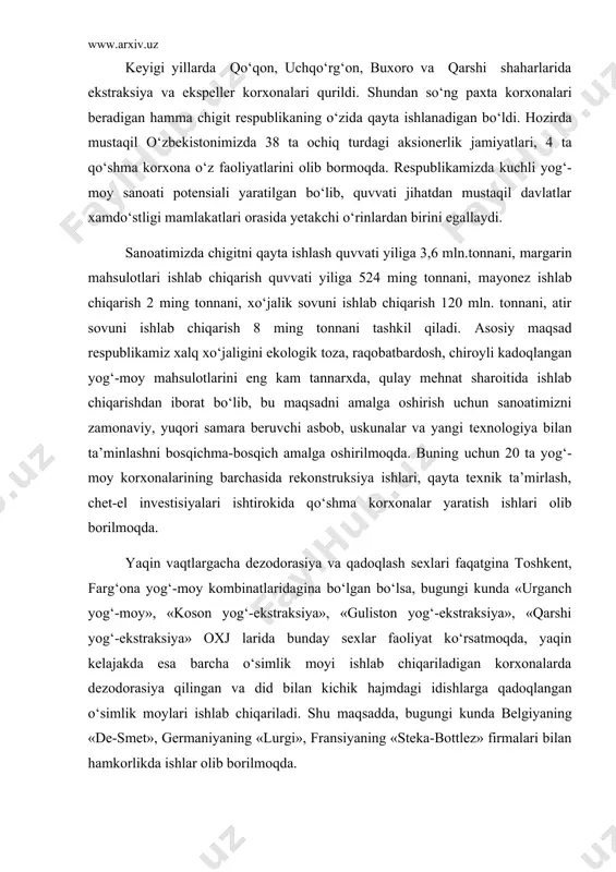 g‘-ekstraksiya», «guliston yog‘-ekstraksiya», «qarshi yog‘-ekstraksiya» oxj larida bunday sexlar faoliyat kо‘rsatmoqda, yaqin kelajakda esa barcha о‘simlik moyi ishlab chiqariladigan korxonalarda dezodorasiya qilingan va did bilan kichik hajmdagi idishlarga qadoqlangan о‘simlik moylari ishlab chiqariladi. shu maqsadda, bugungi kunda belgiyaning «de-smet», germaniyaning «lurgi», fransiyaning «steka-bottlez» firmalari bilan hamkorlikda ishlar olib borilmoqda. «toshkent yog‘-moy» xj ning margarin sexida shvesiyaning «alfa-laval» firmasini avtomatlashtirilgan tizimida quyma margarin ishlab chiqarish, amerikaning «djon-braun» firmasi uskunalarida margarinni 200-250 grammli plastik idishlarga qadoqlash yо‘lga qо‘yilgan. «farg‘ona yog‘-moy» xj da sovun ishlab chiqarish sexini qayta jihozlab, italiyaning massoni» firmasining asbob-uskunalari о‘rnatilmokda. kelajakda chiroyli yorliqli, qadoqlangan, xushbо‘ylantiruvchi komponentlar qо‘shilgan, jahon andozalari talablariga javob beradigan, kichik hajmdagi atir sovunlar ishlab chiqarish kо‘zda tutilgan. texnika va texnologiyaning rivojlanishi. taxminan 1600 yillar atrofida yevropada ponali presslar paydo bо‘ldi, ular mustahkamrok bо‘lgani sababli richagli va vintli prssslarni о‘rnini ola boshladi. bu pressning ishchi organi ikki juft vertikal joylashgan chо‘yan plitalardan iborat, ular dubdan yasalgan, tо‘g‘ri …