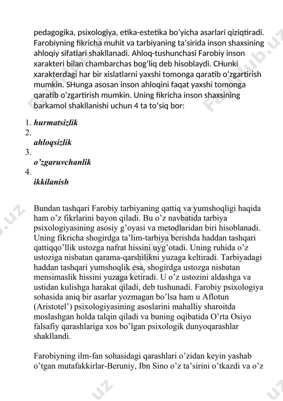 avlodlar obidalari» asarida ba’zi odamlar shaxsining shakllanishida ularning xulq - atvorida mavjud bo’lgan ziqnalik, yolg’onchilik, munofiqlik, xushomadgo’ylik, ikkiyuzlamachilik kabi illatlarning shaxs taraqqiyotiga salbiy ta’siri haqida to’xtalib o’tadi. bu illatlarga qarama-qarshi oqil odamlar haqida o’z fikrini bayon qiladi. beruniyning fikricha oqil odamlarning taraqqiyoti va uning ruhiyatining rivojlanishi hech bir to’siqlarsiz ijobiy rivojlanishga ega bo’ladi deb tushuniladi. beruniy psixologiya sohasida aniq bir asar yozmagan bo’lsa ham, farobiy ta’limoti ta’sirida inson shaxsining kamoloti, uning aql-idroki, ruhiy taraqqiyoti haqidagi o’zining psixologik va pedagogik qarashlarini hamma asarlarda to’liq bayon qiladi. masalan: «mineralogiya», «hindiston», hislar bilan seziladigan va aql bilan bilinadigan bir qator kitobning tarjimasi-degan kitob va risolalarida o’zining ruh haqidagi qarashlari, ruhiyatning ba’zi muhim masalalarini bilish va tafakkur jarayonlari haqida juda ko’p, g’oyat qimmatli fikr-mulohazalar mavjud. beruniy olamni ob’ektiv reallik, inson irodasidan tashqarida mustaqil ravishda mavjud bo’lgan borliq sifatida qaraydi. beruniy kishi ongi. tafakkuri va ruhiyatini moddiy jismdan keltirib chiqargan holda tasavvur etadi. beruniy abu …