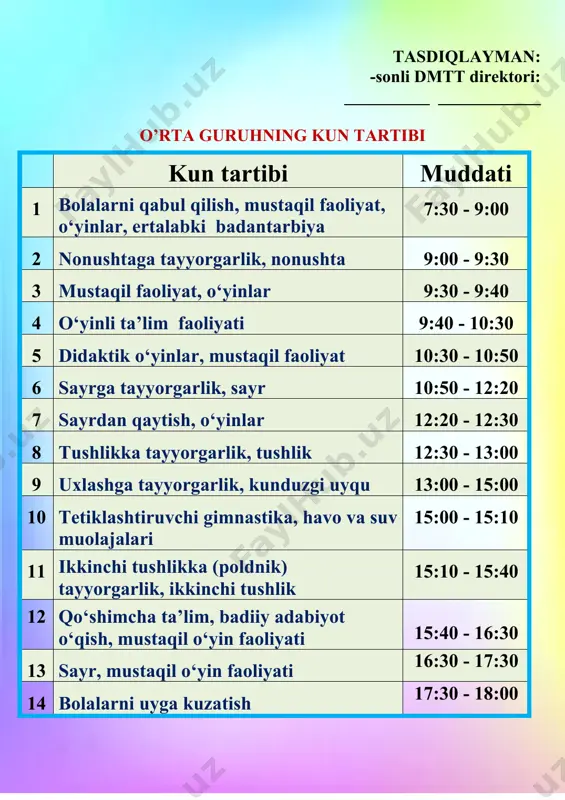 ка 7: 3 0 - 9 : 0 0 2 подготовка к завтраку, завтрак 9 : 00 - 9 : 3 0 3 самостоятельная деятельность, игры 9 : 30 - 9: 4 0 4 игровая-образовательная деятельность 9: 40 - 10: 4 0 5 дидактические игры, самостоятельная деятельность 10: 4 0 - 1 1 : 1 5 6 подготовка к прогулке прогулка 1 1 : 15 - 12: 20 7 возвращение с прогулки, игры 12: 20 - 1 2 : 3 0 8 подготовка к обеду, обед 12:3 0 - 13: 1 0 9 подготовка ко сну, дневной сон 13:10 - 15: 2 0 10 бодрящая гимнастика, воздушные и водные процедуры 15: 2 0 - 15: 3 0 11 подготовка к полднику, полдник 15: 3 0 - 15: 5 0 12 дополнительное образование, чтение художественной литературы, само - стоятельная игровая деятельность 15: 5 0 - 16:30 13 прогулка, самостоятельная игровая деятельность …