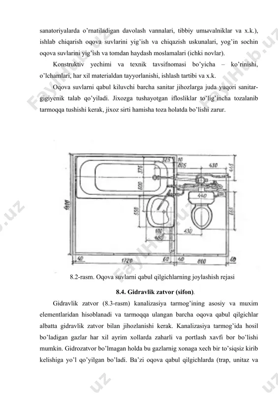 suv tezligi, m/s u quvur ko’rinishdagi reviziyali diametri 50 mm li chuyan gidrozatvorlar sifonlar keng tarqalgan. keyingi yillarda plastmassa butilkali sifonlar ham ishlatila boshlandi. 8.3-rasm. gidrozatvorlar tasviri a) vanna uchun; b) reviziyali; v) to’g’ri reviziyali; g) plastmassadan 8.5. yuvish qurilmalari. sanitar jixozga tushgan iflosliklarni ketkazish va suvni jixoz chashasiga haydash uchun yuvish bachkalari va kranlar ishlatiladi. yuvish suvi katta tezlikdagi oqim bilan yuvish bachkalari yoki krandan sanitar jixozning chashasiga kelib tushadi. oqimning kerakli kinetik energiyaga ega bo’lgan bir qismi iflosliklarni yuvadi va gidravlik zatvor orqali kanalizasiya tarmog’iga olib ketadi, ikkinchi qismi esa jixozning yon tirqishlari yoki teshikchalari orqali utib jixozning ichki devorlari sirtini yuvadi, chayqaydi. hisob bo’yicha sanitar jixozning samarali ishlashi uchun bitta yuvishga 6,5….7,5 l suv talab etiladi. yuvish bachkalarini (8.4-rasm) joylashishiga, ishlash usuli va konstruksiyasiga qarab guruhlarga ajratish mumkin. yuvish bachkalarining joylashish joyiga qarab: yuqori o’rnatilgan, o’rtacha va past joylashgan. yuvish bachkasi bilan bevosita birlashtirilgan unitaz «kompakt» deyiladi. …