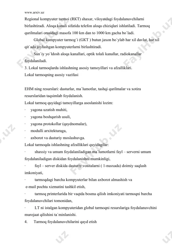 pyuterlarni ishchi guruxlari administrator tomonidan belgilanadi.»vsya set» belgisi chertilsa, joriy ishchi guruxga kirgan kompyuterlarni ko`rish mumkin. 6. tarmoq resurslariga murojaatni boshqarish tarmoqda ishlayotgan bir necha foydalanuvchilar uchun ruxsat etilan qurilmalar umumiy, birgalikda foydalaniladigan yoki bo`linuvchi resurslar deyiladi. lt qatnashchilari ishini tashkil etishni boshqaruvchi shaxs tarmoqni administratori deyiladi. papkani umumiy qilish uchun quyidagi amallar bajariladi: · papkani belgilang · fayl –доступ buyrug`ini bering · dostup qistirmasida «обҳий ресурс » va «тип доступа » (только для чтения, полнўй yoki parol yordamida) parametrlarini o`rnatish zarur. printerni umumiy qilish uchun · pusk chertiladi · «настройка» – «параметрў» buyrugi beriladi · zarur printer tanlanadi · fayl – «dоstup» buyrugini bering · zarur parametrlarini ko`rsating umumiy papkadan foydalanish uchun · «сетовое окружение» belgisida ikki marta chap tugma chertiladi umumiy papkasi bo`lgan kompyuterni toping va uni belgisida ikki marta cherting zarur papkani tanlang va ikkita chertib uni oching. 7. lokal tarmoqni kommunikasiya vositalari win 98 ni kommunikasiya …