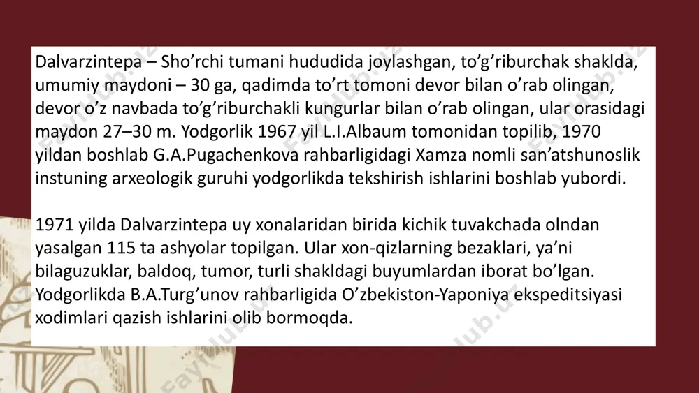 arxeologiya sohasidagi hamkorligi, uning yutuqlari va istiqbollari haqida so‘z yuritishdi. mauritsio tozi mauritsio tozi (31/05/1944 – 24/02/2017) - qadimgi sharq, o‘rta osiyo tarixi, xususan uzbekiston tarixi bo‘yicha yirik mutaxassis bo‘lib, uzoq yillar davomida o‘zr fa arxeologik tadqiqotlar instituti bilan faol hamkorlikda ishlab kelgan. mauritsio tozi boshchiligidagi o‘zbek-italiya arxeologik ekspeditsiyasi ko‘plab yirik yangiliklar qilishgan. o‘zbekiston-italiya arxeologik ekspeditsiyasi a’zolari nafaqat arxeologik qazishmalar, balki, samarqand vohasi yangi yodgorliklarini ro‘yxatga olish bo‘yicha ham ishlar olib borishgan. professor tozi qadimgi sharq va o‘zbekiston arxeologiyasiga oid ko‘plab ilmiy ishlar, monografiyalar va maqolalar yozgan. mauritsio tozi vafotidan so‘ng uning shogirdlari ilmiy faoliyati davomida to‘plagan kitoblarini o'zr fa arxeologik tadqiqotlar instituti kutubxonasiga taqdim etishdi. mazkur kitoblar jamlanmasi institut kutubxonasining ilmiy xazinasini yanada boyitdi. aqshning kaliforniya universiteti bilan tuzilgan xalqaro qo’shma ekspeditsiya shahrisabz yaqinidagi sangirtepa, podayotoqtepa va uzunqir yodgorliklarida tadqiqotlar olib bordi. natijada, sangirtepaning 3 ga.ga yaqin markaziy qismi milodiy eradan avvalgi x-ix asrlarda aylanma mudofaa devorlari bilan o’rab …