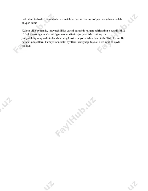 rish” tizimlarini mahalla, tibbiyot, huquq-tartibot va ta’lim muassasalari orqali amaliyotga kiritish; 4. xalqaro tashkilotlar (unodc, un women, bmt taraqqiyot dasturi) bilan hamkorlikda treninglar va grant dasturlarini yo‘lga qo‘yish; 5. ijtimoiy tarmoqlar va media orqali ayollar uchun motivatsion, huquqiy va psixologik targ‘ibot ishlarini kuchaytirish. bundan tashqari, xalqaro tajriba asosida mahalliy kadrlarni tayyorlash, ijtimoiy ishchilar maktabini tashkil etish va davlat xizmatchilari uchun maxsus o‘quv dasturlarini ishlab chiqish zarur. xulosa qilib aytganda, jinoyatchilikka qarshi kurashda xalqaro tajribaning o‘rganilishi va o‘zbek sharoitiga moslashtirilgan model sifatida joriy etilishi xotin-qizlar jinoyatchiligining oldini olishda strategik ustuvor yo‘nalishlardan biri bo‘lishi lozim. bu nafaqat jinoyatlarni kamaytiradi, balki ayollarni jamiyatga foydali a’zo sifatida qayta tiklaydi. /docprops/thumbnail.jpeg