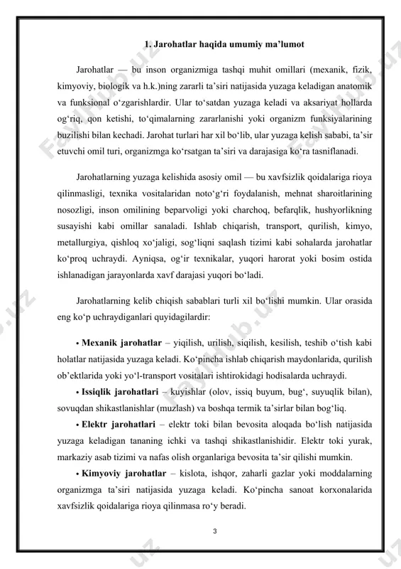 hi, qon ketishi, chuqur kesilish) va og‘ir (ichki a’zolar shikastlanishi, bosh miya jarohatlari, jiddiy kuyishlar yoki elektr shikastlari) darajalariga bo‘linadi. jarohatning kechishi va oqibatlari bir qator omillarga bog‘liq bo‘lib, ularni quyidagicha tasniflash mumkin: · shikastlangan tana a’zosi yoki sohasi; · jarohatning chuqurligi va maydoni; · organizmning individual holati (yoshi, immuniteti, surunkali kasalliklarning mavjudligi); · tibbiy yordam ko‘rsatilgan vaqt va sifat. jarohatlar nafaqat jismoniy salomatlikka, balki ruhiy holatga ham katta ta’sir ko‘rsatadi. ishchi kuchining vaqtincha yoki doimiy yo‘qotilishi, nogironlik, uzoq muddatli davolanish, iqtisodiy zararlar va ish unumdorligining pasayishi bu holatlarning bevosita ijtimoiy-iqtisodiy oqibatlaridir. shu sababli, har qanday ishlab chiqarish tashkiloti uchun jarohatlarning oldini olish, ularni tahlil qilish va bartaraf etish mexanizmlarini ishlab chiqish muhim vazifadir. xulosa qilib aytganda, jarohatlar inson hayoti va sog‘lig‘i uchun jiddiy xavf tug‘diradi. ularga qarshi kurashish, ularning kelib chiqish sabablari va oqibatlarini o‘rganish, profilaktik tadbirlarni joriy etish — mehnat muhofazasi tizimining eng asosiy vazifalaridan biridir. bu yo‘nalishda …