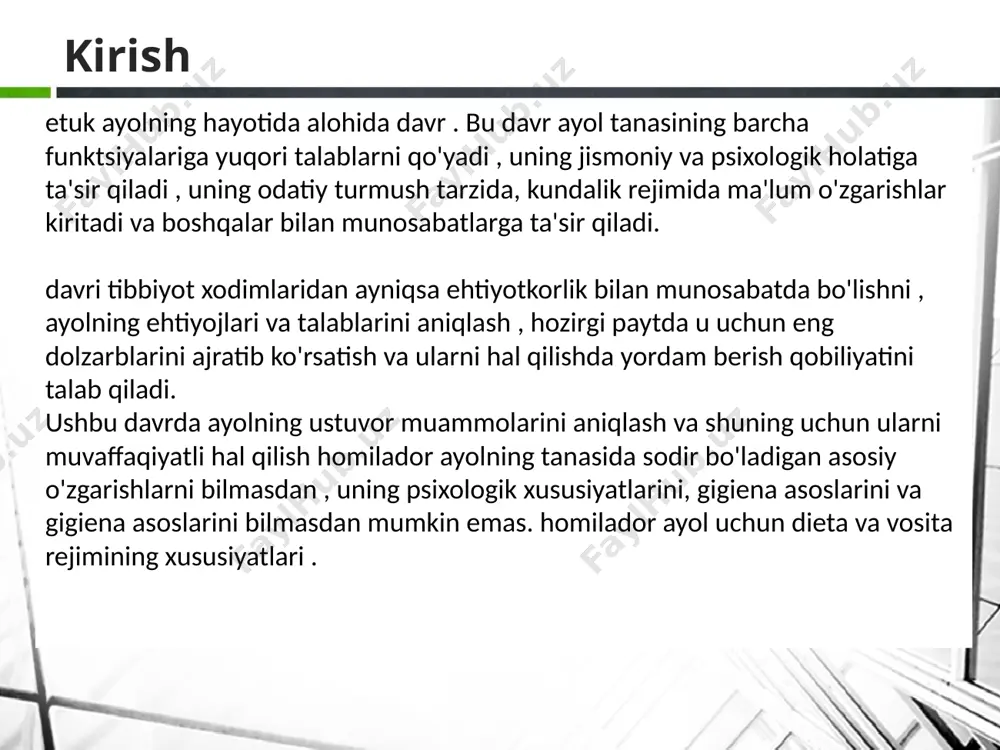 uchinchi doirasi paydo bo'ladi. ko'rinadigan o'zgarishlar yo'q. ps - daqiqada 60-80 zarba, qoniqarli to'ldirish va kuchlanish bilan ritmik. ad-110/70 , 120/80 mm hg. ustun; hr (yurak urishi) o'zgarmagan, yurak tovushlari aniq. homiladorlikning oxiriga kelib, chap qorincha gipertrofiyasi paydo bo'ladi va yurak cho'qqisida funktsional sistolik shovqin eshitila boshlaydi . homilador ayollarda pastki ekstremitalarning kengaygan tomirlari va to'g'ri ichakning hemoroidlari (varikoz tomirlari) bo'lishi mumkin. nafas olish tizimidagi o'zgarishlar o'pka faolligi oshadi. vesikulyar nafas olish. homiladorlikning oxiriga kelib (36 hafta) nafas qisilishi paydo bo'ladi, chunki bachadon tubi diafragma devoriga bosib, ayolning nafas olishini qiyinlashtiradi. ovqat hazm qilish tizimidagi o'zgarishlar bachadonning o'sishi tufayli ichaklar siljiydi, uning peristaltikasi buziladi, homilador ayol ich qotishini boshdan kechiradi. 4 homiladorlikning fiziologik kursi siydik chiqarish tizimidagi o'zgarishlar bachadon siydik pufagiga bosim o'tkazgani uchun ayol tez-tez siydi. homiladorlikning oxirgi oyida siydikda oqsil izlari bo'lishi mumkin. endokrin tizimdagi o'zgarishlar tuxumdonlarda homiladorlikning sariq tanasi rivojlanadi, bu esa progesteron ishlab chiqaradi. reproduktiv tizimdagi …