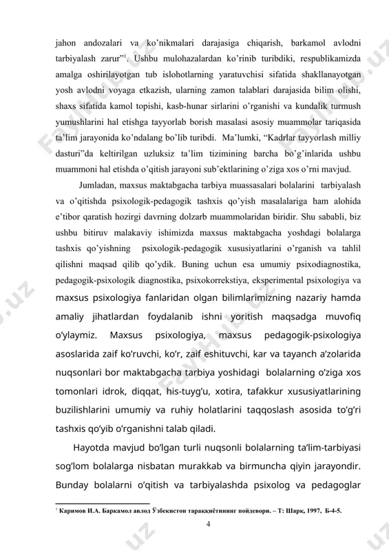 ng faqatgina psixikasini emas, balki sog’lom va nuqsonli shaxsiy sifatlarini har tomonlama taqqoslab ularni bir butun inson sifatida o’rganishlari lozim. · nuqsonli maktabgacha yoshdagi bolalarga tegishli psixologik-pedagogik ma’lumotlari bilan tanishishlari lozim. · nuqsonli maktabgacha yoshdagi bolalarning eng ko’p chuqur zararlangan psixik jarayoni tafakkuri va aqlida uchraydigan belgilarini aniq farqlay olishlari lozim. · nuqsonli bolalarning rivojlanishida kuzatiladigan fiziologik va patologik simtomlarni to’liq tahlil qila olish lozim. · psixik holatlarida uchraydigan simtomlarga asoslangan xolda to’g’ri va aniq tashxis qo’ya olish ko’nikmasini hosil qilgan bo’lishlari kerak. yuqorida ta’kidlab o’tganimizdek, umumiy psixologiya, yosh davrlar psixologiyasi, psixokorrekstiya, psixodiagnostika, patopsixologiya fanlarining nazariy va amaliy xulosalariga tayangan holda bunday holatlar amalga oshiriladi. mashg’ulotlar psixologik-pedagogik tashxis qo’yishga mo’ljallangan - ko’rgazmali qurollar, asosiy qo’llaniladigan vositalar sifatida psixologik metodikalar va testlardan foydalanib, o’quv-tarbiya ishlari olib borilsa, o’ylaymizki, olib borilayotgan ishlar ham o’z natijasini beradi. maxsus maktabgacha ta’lim tizimini takomillashtirishning muhim tomonlarini hisobga olib, biz bitiruv malakaviy ishimizni ”maxsus maktabgacha tarbiya …