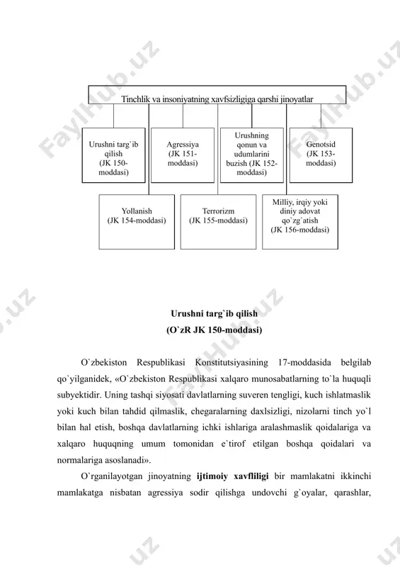 qarashlar g`oyalar, chaqiriqlarni tarqatishning oshkora ravishda amalga oshirilganligi ham jinoyatning kvalifikatsiyasi uchun ahamiyat kasb etmaydi. urushni targ`ib qilish qanday oqibatlar ro`y berganligi, ya`ni agressiya boshlangani yoki boshlanmaganidan qat`i nazar tamom bo`lgan jinoyat, deb hisoblanadi. subyektiv tomondan jinoyat to`g`ri qasddan sodir etiladi, ya`ni aybdor o`zi sodir etayotgan harakatlarning ijtimoiy xavfli xususiyatini anglaydi va ularni sodir etishni xohlaydi. qilmishning maqsadi va sabablari jinoyatning kvalifikatsiyasi uchun ahamiyatli emas. jinoyatning subyekti 16 yoshga to`lgan, aqli raso har qanday shaxs bo`lishi mumkin. agressiya (o`zr jk 151-moddasi) bu modda ikki qismdan iborat. agressiya harakatlarini rejalashtirish yoki unga tayyorgarlik ko`rish yoxud shu harakatlarni amalga oshirish maqsadida til biriktirish xalqaro huquq normalariga muvofiq tinchlikka qarshi qaratilgan jinoyat hisoblanadi. agressiya urushini rejalashtirish, unga tayyorgarlik ko`rish ijtimoiy jihatdan nihoyatda xavflidir, chunki bunday harakatlarning sodir etilishi davlatlar o`rtasidagi munosabatlarning buzilishiga, xalqaro munosabatlarning keskinlashuviga, natijada juda ko`p insonlarning qurbon bo`lishiga, turli obyektlarning vayron bo`lishiga, shahar va qishloqlarning xarobaga aylanishiga sabab bo`lishi mumkin. …