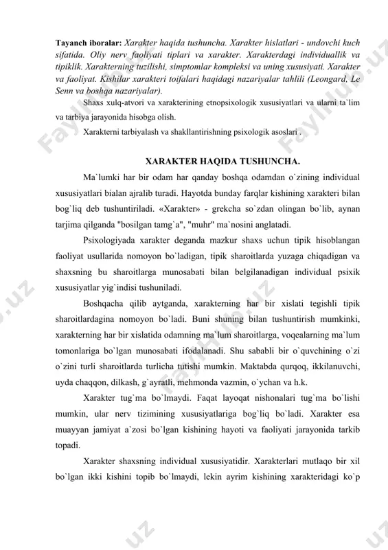 sning individual xususiyatidir. xarakterlari mutlaqo bir xil bo`lgan ikki kishini topib bo`lmaydi, lekin ayrim kishining xarakteridagi ko`p narsalar bir guruh kishilar uchun yoki hatto butun jamiyat uchun tipik bo`lishi mumkin. jamiyat a`zosi bo`lgan kishining voqelikka bo`lgan munosabatida vujudga keladigan va uning xulq-atvori hamda hatti-harakatida ta`sir qoldiradigan muhim, barqaror psixik xususiyatlarning majmui xarakter deyiladi. odam harakatlarining sifati va usullari faqat shaxsning munosabatlarigagina bog`liq bo`lmay, balki iroda, hissiyot, diqqat, aqliy xususiyatlarga, ya`ni psixik xususiyatlarning individual xususiyatlariga ham bog`liq. shuning uchun ham kishi faoliyatida qanday psixik jarayonlar ustun turishiga qarab xarakter xususiyatlarini intellektual, emosional va iroda xususiyatlariga ajratish mumkin. xarakterning ko`p xislatlari odamning hatti-harakatini belgilab beruvchi chuqur va faol mayllar hisoblanadi. ma`lumki turli kishilarning xarakteri turlicha. shu sababli ham bir xil sharoitlarda, aynan bir xil maqsadga intiluvchi kishilar shu maqsadga erishish uchun zarur bo`lgan harakatning turli usullariga moyil bo`ladilar. bu erda xarakter xislatlari undovchi kuch sifatida nomoyon bulayapti. odam xarakter xislatlarining undovchilik kuchi …