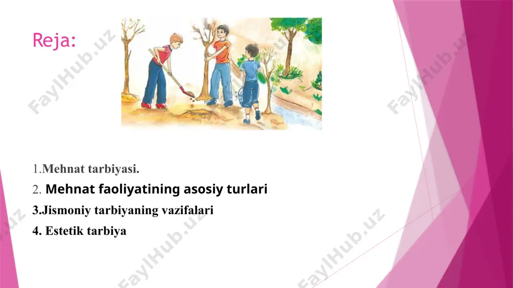 laming ilmiy bilimlar hamda turli fanlar asoslarini o‘zlashtirishga yo‘naltirilgan faoliyati turidir. ijtimoiy-foydali mehnat shaxsni har tomonlama kamol toptirish hamda uning muayyan ijtimoiy ehtiyojlarini qondirishga yo'naltirilgan hamda ijtimoiy mehnat xarakteridagi faoliyati turidir. hozirgi davrda ta’lim muassasalarida o‘z-o‘ziga xizmat keng yo‘lga qo‘yilmoqda. o‘z-o‘ziga xizmat o'quvchilaming ijtimoiy va o‘quv ehtiyojlarini qondirish maqsadida ulaming o'zlari tomonidan amalga oshiriluvchi mehnat faoliyati turidir. o'quvchilaming navbatchiligi o‘z-o‘ziga xizmat qilishni tarkib toptirishning muhim shaklidir. ishlab chiqarish mehnati turlari xilma-xildir. masalan, o'quvchilaming mehnat haftaligi, chorvaga yem-xashak tayyorlash va fermer xo‘jalik!arida faoliyat yuritish va boshqalar. unumli mehnat - 0‘quvchilar mehnatining eng ommaviy shakli sanaladi. mehnat tarbiyasini tashkil etish shakllari: mehnat bayrami, o‘quvchilar yasagan buyumlar ko‘rgazmasi; hasharlar uyushtirish; qarovchisi yo‘q, bemor, keksa va nogiron kishilarga ko'rsatiluvchi insonparvarlik yordami; ко‘kalamzorlashtirish; ta’mirlash (maktab binosini); «mohir qo‘llar» to‘garagi faoliyati. jismoniy tarbiya deganda organizmning morfologik va fonksional rivojlanishini jamiyat talablari darajasida amalga oshirish, jismoniy sifatlami, qobiliyatlami rivojlantirish, jismoniy madaniyat va sport sohasiga taaliuqli maxsus bilimlami …