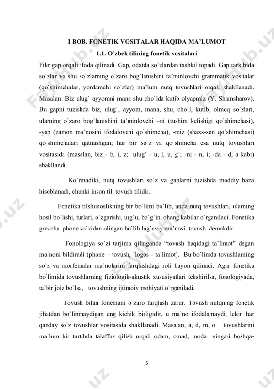 englikdagi maydondan ma’lum vaqtda o`tadigan energiya miqdoridir. bu haqda tilshunos olim h.jamolxonov shunday yozadi: “tovushning kuchi (intensivligi) - 1 sm2 maydondan 1 sekundda o`tadigan energiya miqdoridir”[2] demak, nutq tovushlarining kuchi un paychalari tebranishi kengligiga bog`liq: tebranish kengligi katta bo`lsa, tovush kuchli chiqadi, bu kenglik kichik bo`lsa, tovush ham kuchsiz chiqadi. 3. nutq tovushlarining tembri (sifati) – asosiy ton bilan hosil bo`ladi. tovushlarning tembri og`iz bo`shlig`i va burun bo`shlig`ining hajmi, shakliga, tovush paychalarida shovqinning qanday hosil bo`lishiga bog`liq. 4. tovushning cho`ziqlik darajasi un paychalarining tebranishi davom etgan vaqt bilan o`lchanadi. tebranish uzoq davom etsa, tovush cho`ziq; tebranish qisqa davom etsa tovush qisqa bo`ladi. nutq tovushlarini hosil qilishda ishtirok etadigan organlar nutq a’zolari deb yuritiladi. artikulyatsiya deganda esa nutq a’zolarining nutq tovushlarini hosil qilishdagi faoliyati anglashiladi. so`z ma’nolarini ajratish, chegaralash uchun xizmat qiladigan vositalar fonetik vositalar sanaladi. bunday vositalar qatoriga nutq tovushlari, urg`u, ohang (intonatsiya) kiradi. so`z ma’nolarini farqlashga xizmat qiladigan fonemalar …