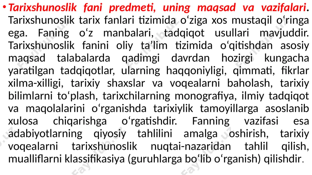 bizning kunlarda qanday tadqiq etilganligini tahlil etadi. tarixshunoslik tushunchasi ikki ma’noda qo‘llaniladi: 2. muayyan tarixiy davrga yoki muammoga bag‘ishlangan tarixiy tadqiqotlar majmuasi ma’nosida (masalan, hozirgi davrda istorigrafiya). 1. tarixiy bilimlar taraqqiyoti va tarixiy tadqiqot usullariga doir fan ma’nosida. 2. muayyan tarixiy davrga yoki muammoga bag‘ishlangan tarixiy tadqiqotlar majmuasi ma’nosida (masalan, hozirgi davrda istorigrafiya). tarixshunoslik tarixiy bilimlar taraqqiyotini, muayyan tarixiy bosqichda yaratilgan yoki ma’lum bir muammoga bag’ishlangan tarixiy tadqiqotlarni o’rganadi va tahlil qiladi. tarixshunoslik nafaqat tarix, balki maxsus tarix fanlari (masalan, sharqshunoslik, etnologiya, arxeologiya va boshqalar) tarixi bilan ham shug’ullanadi. tarixshunoslikning asosiy vazifasi tarix fani rivojini chuqur va har tomonlama xolisona o‘rganish, muayyan taraqqiyot davrida to’plangan tarixiy bilimlarni tahliliy tadqiq etishdan, amalga oshirilgan ishlarning natijasini chiqarishdan hamda shu asosda tadqiq etilgan dolzarb muammolarni aniqlab, kelgusi tadqiqotlarning yunalishlarini belgilashdan, tarixchilarni muayyan tarixiy ilmiy muammo doirasidagi adabiyotlarga yunaltirishdan iborat. tarixshunoslik shuningdek, fan taraqqiyotida o’z o’rniga ega bo’lgan ilmiy tarixshunoslik markazlari tarixini, unda faoliyat …