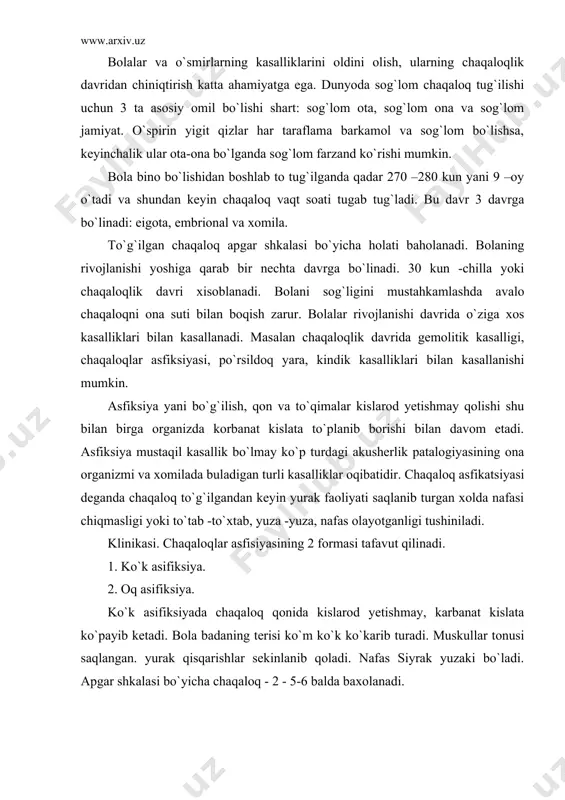 kislarod yetishmay, karbanat kislata ko`payib ketadi. bola badaning terisi ko`m ko`k ko`karib turadi. muskullar tonusi saqlangan. yurak qisqarishlar sekinlanib qoladi. nafas siyrak yuzaki bo`ladi. apgar shkalasi bo`yicha chaqaloq - 10 - 5-6 balda baxolanadi. oqasfiksiyada chaqaloq nafas olmaydi badan terisi oqarib shilliq pardalar ko`karib ketgan yurak urushi sekinlashgan, yurak tonlari butik, muskullar bo`sh, reflekslar bo`lmaydi. apgar shkalasi bo`yicha chaqaloq 1-4 balda baxolanadi . davosi. asfiksiya xolati bilan tug`ilgan chaqaloqni dar hol yuqori nafas yo`larini rezina bolon yoki traxeyaga kiritilgan elastik kateter yordamida quvanoq suvlaridan shilimshiqlardan tozalash zarur. agar bolaga bu yordam bermasi uni jonlashtirish uchun o`okaga hovo puflab kiritadigan maxsus aparatlardan foydaniladi. agar nafas beradigan aparat bo`lmasa og`izdan - ogizga yoki og`izdan burunga qilib o`pkaga xavo kiritish zarur . bunda minutiga 20-25 marta nafas berish zarur . bolaning kindigini bog`lashdan oldin kindik arteriyasiga 3 ml 10 % li kalsiy xlorid eritmasi asta sekin yuboriladi.bundan so`ng chaqaloq nafas olib terisi pushti …
