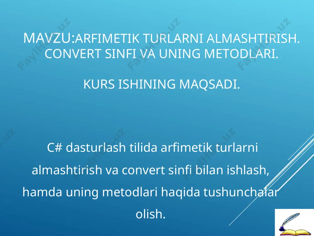 ini 32 bitli belgilangan butun songa o'zgartiradi. toint32(datetime) ushbu metodni chaqirish har doim invalidcastexception istisnonini keltirib chiqaradi. iii bob. c# dasturlash tilida arifmetik amallar 3.1 ikkilik arifmetik operatsiyalar quyidagi operatorlar sonli operandlar bilan arifmetik amallarni bajaradilar: unary ++ (o'sish), - -(pasayish), + (qo'shish) va - (minus) operatorlari ikkilik * (ko'paytirish), / (bo'linish) operatorlari . { // "a" o`zgaruvchini kirtamiz int a=1; // "a" o`zgaruvchini bu (a++) ko`rnishi qiymatni bittaga oshiradi a++; // yangi o`zgaruvchini qiymatni consol oynasiga chiqarish jarayoni quydagicha console.writeline(a); console.readkey(true); } c#da arifmetik amal yordamida o`zgaruvchini qiymatni oshirish. natija: 3.1 kamaytirish operatori. { // "a" o`zgaruvchini kirtamiz int a=4; // "a" o`zgaruvchini bu (a--) ko`rnishi qiymatni bittaga kamaytiradi a--; // yangi o`zgaruvchini qiymatni consol oynasiga chiqarish jarayoni quydagicha console.writeline(a); console.readkey(true); } natija: { // a,b,c o`zgaruvchini kirtamiz int a=2,b=5,c; // a va b o`zgaruvchini ko`paytirish uchun quydagicha ko`rnishda yozamiz c=a*b; // ko`paytruvchini qiymatni consol oynasiga chiqarish jarayoni quydagicha …