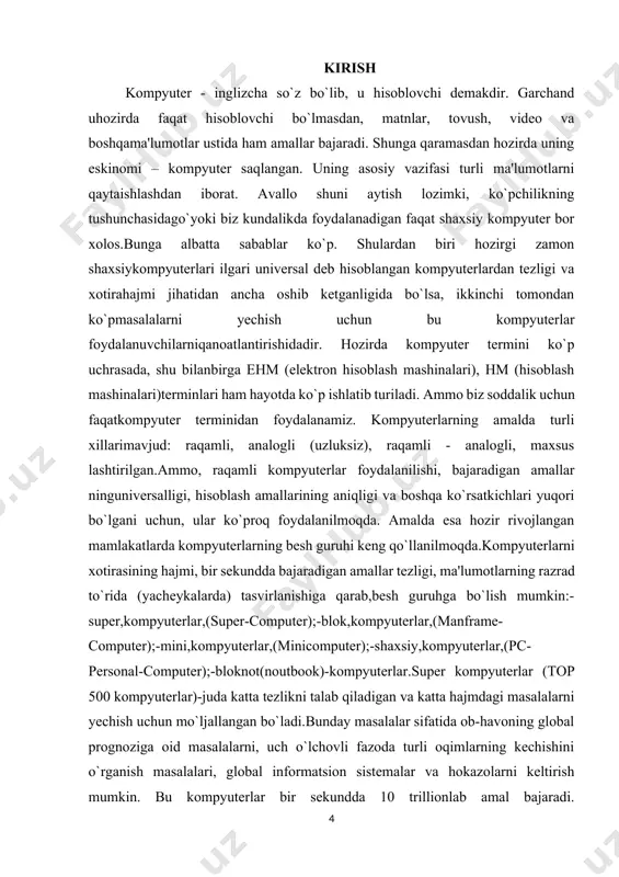 1 (programm driver processor-dasturiy boshqaruv protsessori) turkumini, ilgari harbiy maqsadlar uchun ishlatilgan (maxfiy hisoblangan) vax, sun turkumli kompyuterlar, ibm 4381, hewlett packard firmasining hp 9000 va boshqalar minikompyuterga misol bo`la oladi.shuni aytish joizki, minikompyuterlar o`zlarining “katta og`alari” manframe kompyuterlarni imkoniyatlari darajasiga ko`tarilib bormoqda. buning uchun tarixga nazar solish va hozirgi ularning taraqqiyotini kuzatish yetarli. shaxsiy kompyuterlar hozirda korxonalar, muassasalar, oliy o`quv yurtlarida keng tarqalgan bo`lib, ularning aksariyati ibm rusumiga mos kompyuterlardir. ibm rusumiga mos kompyuterlar deganda, ularning turli kompaniyalar ishlab chiqarilishiga qaramay ham texnik, ham programma ta'minoti mosligi, ya'ni birbiriga to`g`ri kelishi nazarda tutiladi. bunday kompyuterlar hajmi jihatidan kichik (bir stol ustiga joylashadi), amal bajarish tezligi, masalan pentium-3 mmx protsessori o`rnatilgan kompyuterlarida hozirgi kunda 750-1000 megagersni, xotira hajmi esa 64-128 megabaytni tashkil qiladi. bu ko`rsatgichlar o`ta tez o`zgarib, har ikki yilda kompyuterlar imkoniyati ikki baravar oshishi, ularning narxi esa shunchaga arzonlashishi tendensiyasi kuzatilmoqda. noutbuk kompyuterlar. noutbuk kompyuterlar hajmi ancha ixcham …