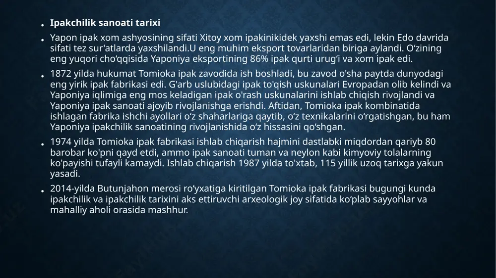 , ltd. ushbu pasayishning sabablari arzon ishchi kuchi bilan qo'llab-quvvatlanadigan arzon narxlardagi pillalarning chet eldan kelishi, vorislarning etishmasligi kabi ijtimoiy tuzilmaning o'zgarishi va yapon xalqining turmush tarzining an'anaviy yapon kiyimidan g'arb kiyimiga o'tishi, natijada. ipak iste’molida.miqdori kamayib, og‘ir ahvolga tushib qolishga majburmiz. biroq, 2015-yildan boshlab tomioka shahrida pilla yetishtirish 2014-yildagi 4176 kilogrammdan 1983-yildan buyon 32 yil ichida birinchi marta pilla yetishtirishni mahalliy tashkilotlar va xususiy tadbirkorlik subʼyektlari tomonidan yetishtirilishi natijasida 4176 kilogrammgacha kamaygan. gacha oshdi 2019-yilda 11 ta pillachilik xo‘jaligi, 2 ta mahalliy tashkilot, 2 ta xususiy tadbirkorlik subyekti tomonidan pilla yetishtirib, pilla yetishtirish hajmi 6 ming 930 kilogrammni tashkil etdi. ro'yxatga qaytish ipak qurti tuxumidan naslchilik tuxum chiqishini kuzatish tuxumning chiqishi (maqsadli inkubatsiya harorati 25°c-26°c, namlik 75-80%) maqsadli inkubatsiya haroratida 10-14 kun standart inkubatsiya kunlari hisoblanadi. ipchilikda yetishtirilgan birinchi avlod chatishtirishlar ikkinchi va uchinchi avlodlarda boqsa, tuxum orqali yuqadigan kasalliklar yoki genetik jihatdan normal ipak qurti chiqmasligi mumkin. jadval …