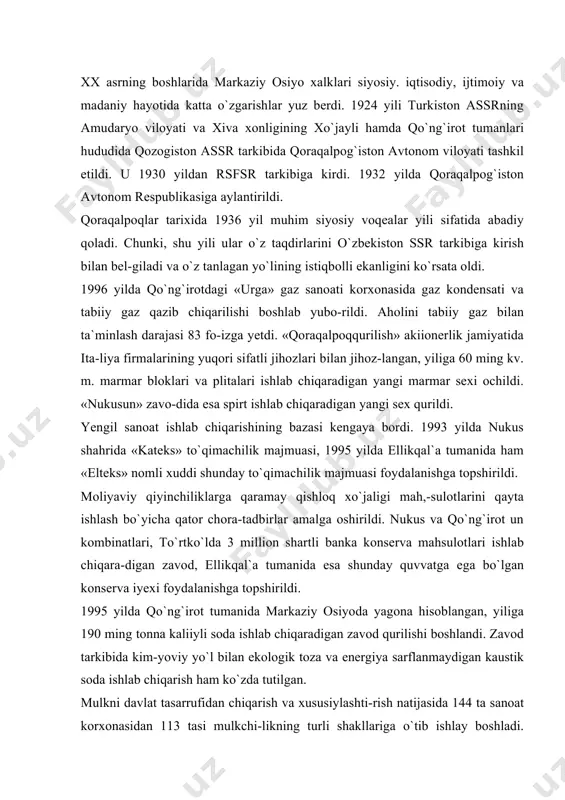 iqara-digan zavod, ellikqal`a tumanida esa shunday quvvatga ega bo`lgan konserva iyexi foydalanishga topshirildi. 1995 yilda qo`ng`irot tumanida markaziy osiyoda yagona hisoblangan, yiliga 190 ming tonna kaliiyli soda ishlab chiqaradigan zavod qurilishi boshlandi. zavod tarkibida kim-yoviy yo`l bilan ekologik toza va energiya sarflanmaydigan kaustik soda ishlab chiqarish ham ko`zda tutilgan. mulkni davlat tasarrufidan chiqarish va xususiylashti-rish natijasida 144 ta sanoat korxonasidan 113 tasi mulkchi-likning turli shakllariga o`tib ishlay boshladi. nodavlat shak-liga o`tib ishlayotgan korxonalarning rivojlanish darajasi nisbatan yuqori bo`ldi. shuningdek, bu korxonalar iqtisodiy samaradorligi, foyda olish borasida ham sezilarli yutuqqa erishdi. bu borada xususiy korxonalar ayniqsa, peshqadamlik qila boshladi. lekin shuni ham alohida ta`kidlash joizki, ko`p sanoat korxonalarining asosiy ishlab chiqarish fondlari (dastgoh-lar, mexanizmlar) ma`naviy va jismoniy jihatdan eskirgani sezilib qoldi. ularning eskirish darajasi 35 foizdan yuqori. eng avvalo yigiruv-to`quv fabrikalari, go`sht-sut va oziq-ovqat sanoati korxonalari (konserva zavodi, vino zavodi) ishlab chiqarish parklarini yangilash talab etiladi. qoraqalpog`istonda meqnatga layeqatli aholining asosiy …