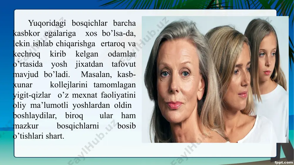 iyatidir. organizmdagi ayrim o’zgarishlar, umrning tez o’tishi, kishini qattiq tashvishga va iztirobga soladi. u bundan keyingi hayotning har bir daqiqasidan unumli foydalanishga qaror qiladi. ayrim orzu istaklarini amalga oshirish uchun jismoniy va ruhiy imkoniyatlari yetishmasligini anglash uning psixikasida «turg’unlik» tuyg’usini vujudga keltiradi. buning asosiy sababi 33-35 yoshlarda mnemologik-attentsion majmua tubdan qayta qurilishidir. yaxlit mnemologik markazning mnemik (xotira) va mantiqiy (tafakkur) qismlariga ajralishi ro’y beradi. attentsional xolatning omilari saqlanib qoladi, lekin katta yoshdagi inson intellektida xotira va taffakur muhim o’rin tutadi. biroq o’zgarishlar uning ruhiy dunyosida, kechinmalarida, his-tuyg’ularida chuqur iz qoldirmaydi, yetuk shaxs xotirasida illyuzion xususiyatga ega bo’lgan tasavvur obrazlari (yoshlik tuyg’usi, kayfiyati, orzusi, xom xayoli) saqlanib qoladi. yetuklik bosqichida jismoniy va aqliy imkoniyatlardan to’laroq foydalanish ko’nikmasi paydo bo’ladi. bu xol butun kuch-quvvat, aqliy, zo’riqish, iroda kuchi, asab taranglashuvi xisobiga emas, balki muayyan ko’nikma, malaka va mahorat asosida ro’y beradi. etuklikning turli davrlarida kamol topish jabhalarining o’zaro munosabatini tadqiq qilgan b.g. …