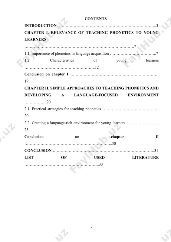 ign languages in uzbekistan has become very important since the first days of the independence of our country which pays much attention to the rising of education level of people, their intellectual growth. before this decree the president оf uzbekistаn mirziyoyev sh. m. signed the decree №2909 “on measures for further development of the higher education system” on april 21, 2017[1,5]. this decree plays as the basic foundation to the last one. phonetics plays a vital role in language acquisition, serving as the foundation for effective communication and comprehension. for young learners, mastering phonetic skills is crucial for developing accurate pronunciation, listening abilities, and confidence in speaking. teaching phonetics to young learners is a dynamic and interactive process that requires tailored strategies to suit their developmental and cognitive needs. this coursework explores the importance of teaching phonetics to young learners, focusing on practical methods and techniques to create an engaging …
