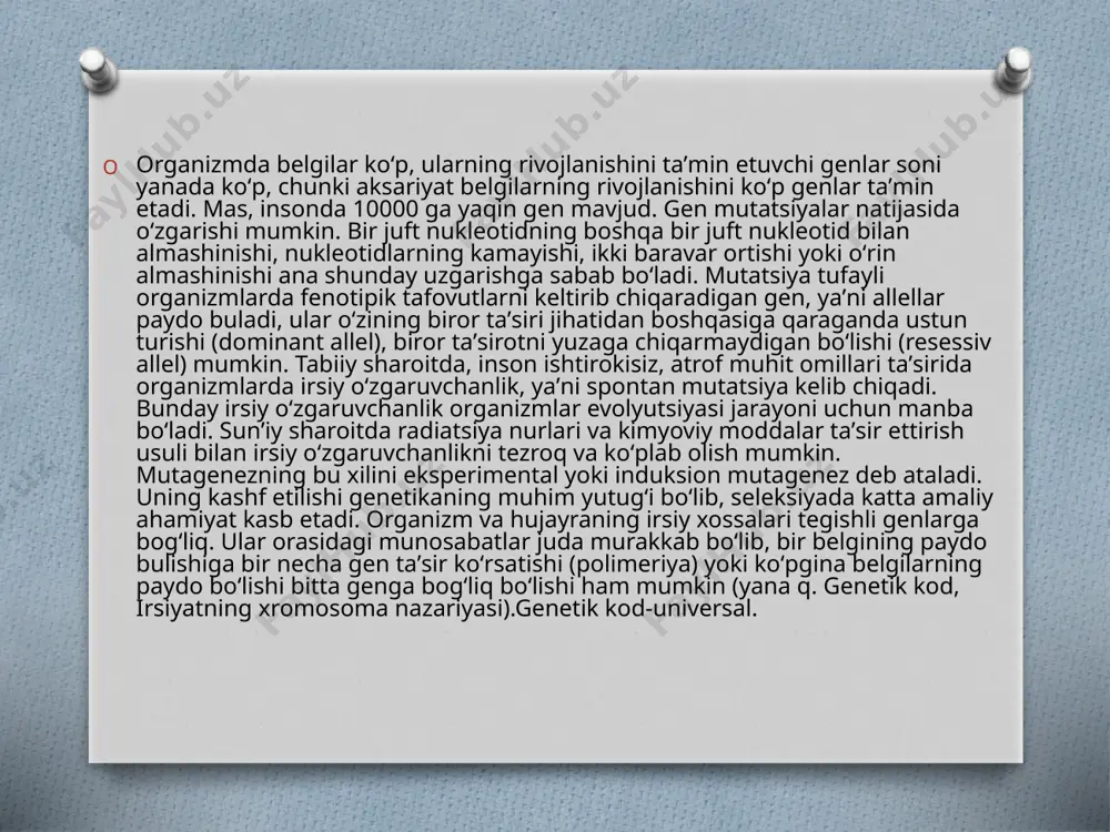 ni olish bilan tibbiygenetika shugʻullanadi. uning asosiy vazifasi i. k. ningtarqalishini, oilada irsiy kasal bola tugʻilishi ehtimoli borligini aniqlashdan iborat. odam irsiy patologiyasini oʻrganishda boshqa usullar ichida sitogenetik usul alohida oʻrin tutadi. bu usul yordamida irsi-yat asoslarini, odam kariotipining meʼyor va patologiyasini, mutatsion va evolyusion jarayonlarning maʼlum bir qonuniyatlarini oʻrganish mumkin. genom mutatsiysalari genom (nem. genom) — xromosomalar (unda joylashgan genlar bilan birga) gaploid toʻplami; individ genetik tuzilishining asosiy elementlari majmui. "genom" terminini fanga nemis biologi g. vinkler kiritgan (1920). gaplofazada har bir hujayra bitta genomga, diplofazada esa ikkita genomga ega boʻlib, zigota hosil boʻlishida ularning biri erkak, ikkinchisi urgʻochi gametalardan oʻtgan boʻladi. genom asosiy genetik va fiziologik sistemalarni oʻzida namoyon qilib, uning genetik jihatdan mukammalligi normal gameta va zigotalarning hosil boʻlish zaminidir. hayotchan, ammo qisman hosildor poliploid formalar kamida bir juft gomologik genomga ega boʻlishi shart; qolgan xromosomalar boʻyicha turli chetlanishlar boʻlishi mu.mkin, bu esa rivojlanishga deyarli taʼsir koʻrsatmaydi. …