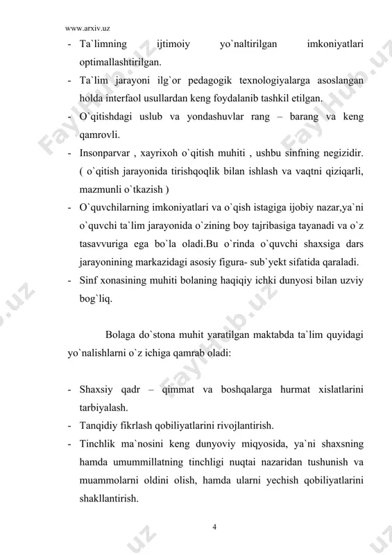 tinchlik va ijobiy tinchlik tushunchalarini tushunishlari va ularning mahalliydan tortib global darajagacha bo`lgan ko`rinishlariga turli misollar keltira olishlari zarur. qurol-yarog`: o`quvchilar qurol-yarog`larning asosiy sotuvchilari va sotib oluvchilari hamda qurol yarog`lar musobaqasining iqtisodiy, siyosiy va ijtimoiy oqibatlari haqida ma`lumotga ega bo`lishlari zarur. shu bilan birgalikda ularni qurolsizlantirish tomon olib borilgan va olib borilayotgan harakatlarni bilishlari, hamda yadroli qurolga qarshi olib borilayotgan muzokaralar mohiyatini anglashlari zarur. huquq va majburiyatlar inson huquqlari va majburiyatlari: o`quvchilar inson huquqlari haqidagi universal deklarasiya, uning kuchli tomonlari va kamchiliklarini bilishlari hamda bu hujjatning o`zlari va umuman odamzod uchun ahamiyatini tushunishlari lozim. 7.alternativ qarashlar moddiy narsalar: o`quvchilar inson uchun ko`plab moddiy imkoniyatlar ochiqligini va o`zlari uchun kerakli moddiy narsalarga erishish uchun harakat qilishlari mumkinligini anglashlari lozim. insoniy va dunyoviy sog`liq: to`liq sog`liq tushunchasini insonning dunyo bilan uyg`unlikda yashashi uchun hayotining tanaviy, hissiy, aqliy va ruhiy qismlarini tushunishlari lozim. shu bilan birga ular insoniy va dunyoviy sog`liq darajasini qayta …
