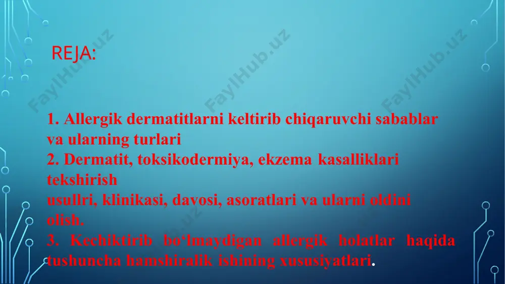 alar shakllanishi bilan o‘tadi. terining yallitlanshpiga sabab bulgan omilning turiga qarab tonshalarning turi va tabiati turlicha bo‘lishi mumkin. masalan, ovqat mahsulotlarining sensibilizatsiyasi natijasida shakllangan allergik dermatitlarda ko‘pincha pushti rangli eritemalar va pufakchalar paydo bo‘lsa, dorivor moddalardan paydo bo‘lgan allergik dermatitlarda esa yirikkirztk pufaklar va gemorragik dog’lar ko‘p kuzatiladi. umuman olganda allergik dermatitlarning ikki turi tafovut otiladi: kontakt allergik dermatitlar (kad) va toksik allergik dermatitlar (tad). kontakt allergnk dermatitlar allergenlarning teriga bevosita ta’sir etishi natijasida yuzaga chikadi. bunda terining sezuvchanligini oshiruvchi moddalar bevosita terining allergik yalliglanishiga olib keladi. toksik allergik dermatitlar allergenlarning bemor organnzmiga nafas olish va xazm yo‘llari orqali ta’siri natijasida, shunnngdek, turlituman kimyoviy moddalarni tomir ichiga va mushak orasiga yuborish oqibatida ntakllanadi. toirsik allergik dermatitlar toksidermiyalar deb ham ataladi. sabab tad da organizmga teridap boshka yo‘l cmlan kiritiladigan modda nafaqatsensibilizatsaya, balki intoksikatsiya (zaharlanish) ham keltirib chiqaradi. ma’lumki, sensibilizatsiya paydo qiladigan modda organizmga ikks va undan ortiq marta kiritilishi lozim. …