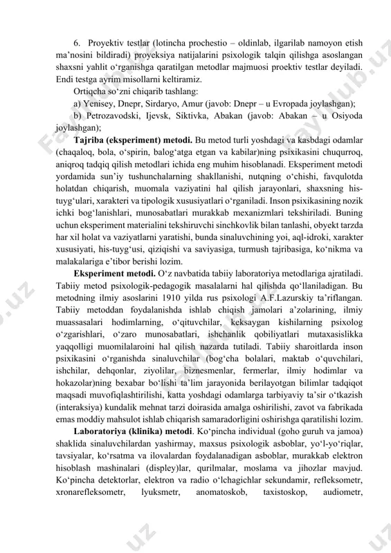 i (mexanizmlar, materiallar, instrument kabilardan foydalanishga mo‘ljallangan), yozma testlar (maxsus blankalardagi savollardan bitta to‘g‘risini topishga yoki rasmdan muhim tomonini ajratishga yo‘naltirilgan), og‘zaki testlar (savollar tizimi umumiy ta’lim va jismoniy tarbiyada tayyorgarlik darajasini aniqlaydi). 1. insonning aql-idroki, aql zakovati, aqliy qobiliyati va fikrlash darajasini o‘lchashga mo‘ljallangan testlar intellekt testlari deyiladi; ular rebral va novebral shakllarda tuzilgan bo‘lib, aqliy imkoniyat, uquvchanlik, topqirlik, zehn, farosatlik, aqliy taraqqiyot darajasini aniqlash uchun xizmat qiladi; test topshiriqlari yo‘riqnomasida analogiyaga, umumlashtirishga, tushunchalarga, tavsiflashga mantiqiy munosabatni aniqlash talab etiladi. 1. ijodiyot (kreativlik) testlari shaxsning ijodiy qobiliyatlarini o‘rganish va boholashga mo‘ljallangan bo‘ladi; ular ijodkor shaxsining hayotiy tajribasini tahlil qilishga va ijodkor shaxsning individual xususiyatlarini (ijodiy tafakkur va uning mahsuldorligi; egiluvchanligi, tezkorligi, topqirligi, argenalligi, talabchanligi, konstruktivligi va hokazo) o‘rganishga yo‘naltiriladi. 1. mezonga mo‘ljallangan (kriterial oriyentirlangan) testlar tekshiruvchidan egallangan va kaspiy topshiriqlarni bajarish uchun etarli yoki yetarli emasligini aniqlashga mo‘ljallangandir. me’zon (kreteriya) sifatida muayyan bilimlar tizimi mavjud yoki mavjud emasligi xizmat …
