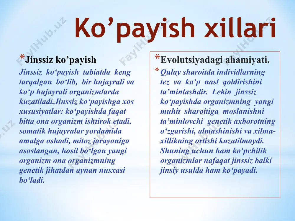 permalozoid hisoblanadi. demak, jinsiy ko‘payishda ikki xil jinsga mansub individlar hujayralari qatnashadi. ularning biri urug‘ hujayrasi, ikkinchisi tuxum hujayrasi bo'lib, ularning qo‘shilishidan zigota shakllanadi. zigota yangi individning boshlanc‘ich hujayrasi bo‘lib hisoblanadi. ayrim organizmlar (yassi chuvalchanglar)da ham tuxum, ham urug* hujayrasi yetiladi. bunday organizmlar germafroditlar (ikki jinslilar) deb ataladi. umuman tarixiy taraqqiyotda organizmlarning ko'payish evo- lutsiyasi ayrim jinslilik hosil bo‘lishi sari boradi. bundan tashqari evolutsiyada jinssiz ko'payish jinsiy ko‘payish bilan, izogamiya esa anizogamiya bilan almashinadi. ko‘payishda hamma hujayralar baravariga qatnashmasdan evolutsiya mobaynida organizm hujayralari xususiylashib, somatik va jinsiy hujayralarga ajralishi mumkin. ko'payish tezligining oshishi, avlodlar sonining ko'payishi, avlod almashinishining tezlashib ketishi organizmlarning yangi va o'zgaruvchan muhitga moslashishini ta’minlovchi evolutsion omil bo‘lib hisoblanadi. jinsiy ko‘payish esa ana shu holatlarni yuzaga chiqaradi, bundan tashqari yangi belgi va sifatlar hosil qilishda juda katta ahamiyatga ega. masalan, hashoratlardagi ko‘payish tezligining yuqori bo‘lishi, avlodlarning tez-tez almashinishi ularning ayrim zaharli kimyoviy moddalarga chidamliligini oshiradi, ularning muhitga keng …