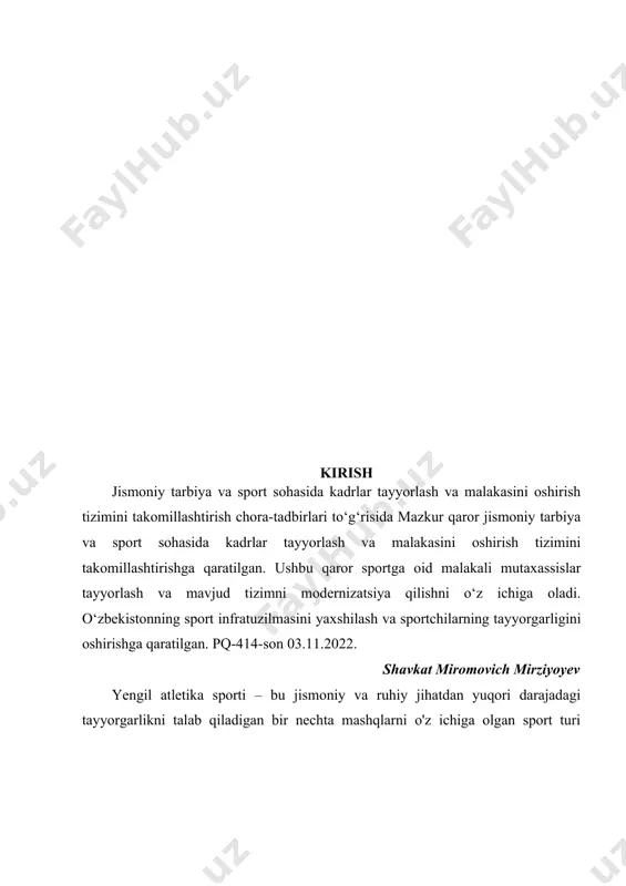 h hatlab sakrashdagi xatolar va ularning tuzatish usullari ham juda muhimdir, chunki sportchi har doim o'z texnikasini mukammallashtirishga intilishi kerak. ushbu ishda uch hatlab sakrashning nazariyasi, texnikasi, kuch va elastiklikni rivojlantirish bo'yicha tavsiyalar, shuningdek, bu jarayonda yuzaga kelishi mumkin bo'lgan xatolar va ularni tuzatish bo'yicha tahlillar keltiriladi. bundan tashqari, mashqlar orqali sportchilarning texnikasini bosqichma-bosqich rivojlantirish, maxsus mashqlar va trener nazorati hamda mental tayyorgarlik va motivatsiya kabi muhim jihatlar ham o'rganiladi. mavzuning dolzarbligi:uch hatlab sakrash yengil atletika musobaqalarida muhim o'rin tutuvchi texnikalardan biri bo'lib, uning to'g'ri bajarilishi sportchining yuqori natijalarga erishishida hal qiluvchi ahamiyatga ega. bugungi kunda sportning barcha turlarida, shu jumladan yengil atletikada, texnikaning mukammalligi va individual tayyorgarlikning yuqori darajada bo'lishi muhim sanaladi. uch hatlab sakrashning nazariyasi, texnikasi, kuch va elastiklikni rivojlantirishga doir tadqiqotlar sportchilarga texnikani to'g'ri o'zlashtirish va jismoniy salohiyatlarini maksimal darajada ishga solish imkonini beradi. hozirgi kunda yengil atletikachilar o'z texnikalarini mukammallashtirish uchun yangi metod va mashqlarni izlashmoqda. …